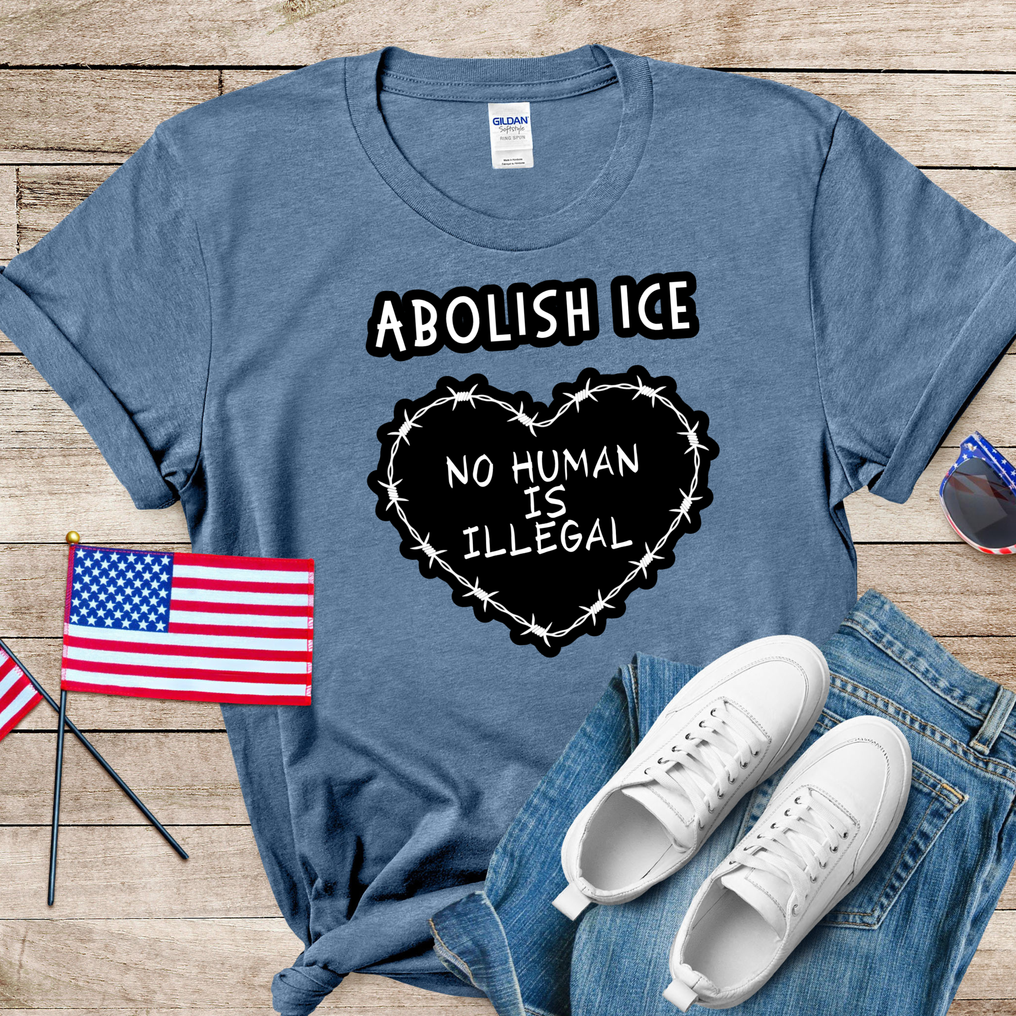 Abolish ICE T-Shirt — "No Human Is Illegal" Protest Tee with Heart Design product thumbnail image Abolish ICE T-Shirt — "No Human Is Illegal" Protest Tee with Heart Design product thumbnail image