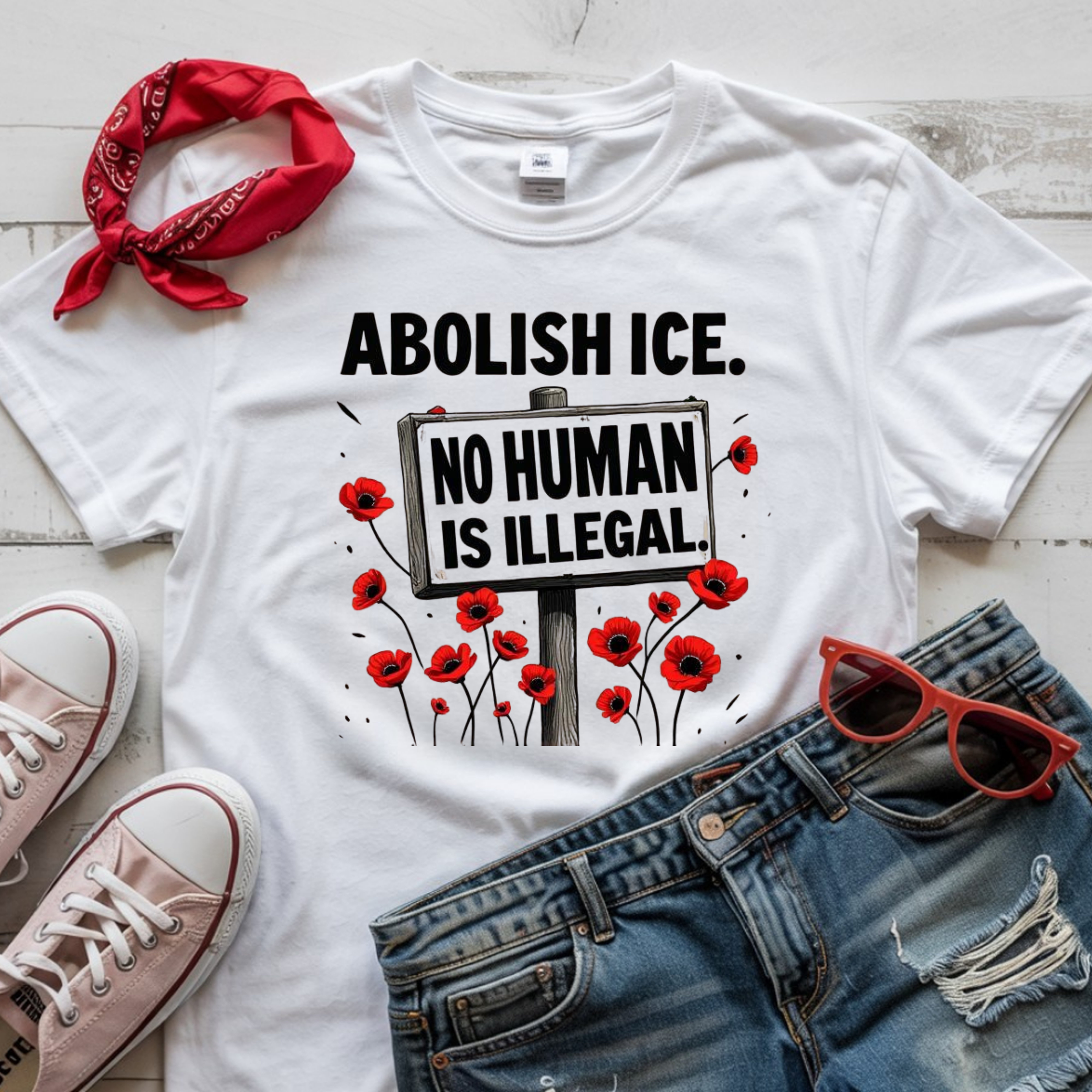 Abolish ICE T-Shirt — "No Human Is Illegal" Protest Tee with Poppy Design