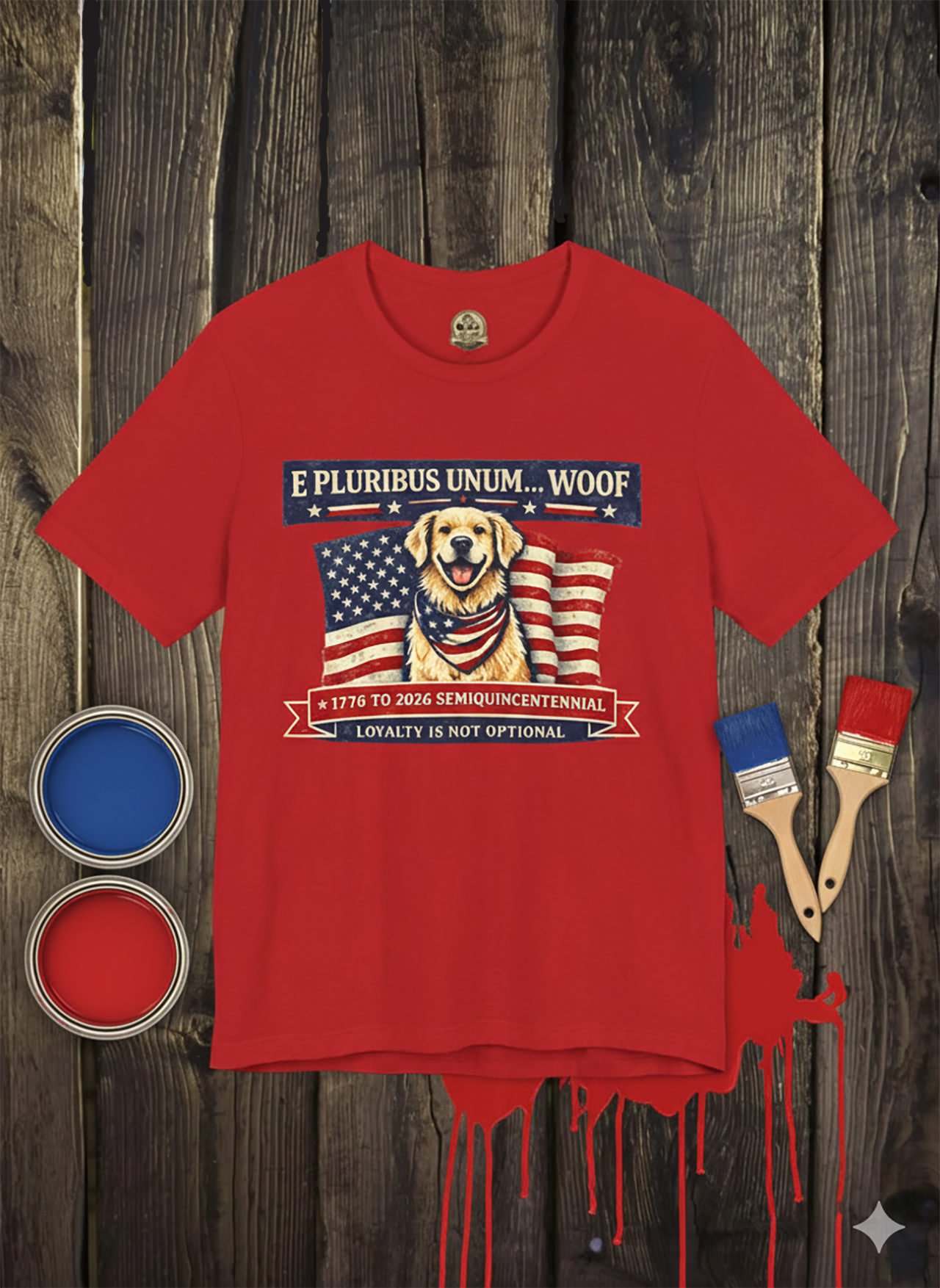 Patriotic Dog T-Shirt — "E Pluribus Unum... Woof" Golden Retriever Tee product thumbnail image