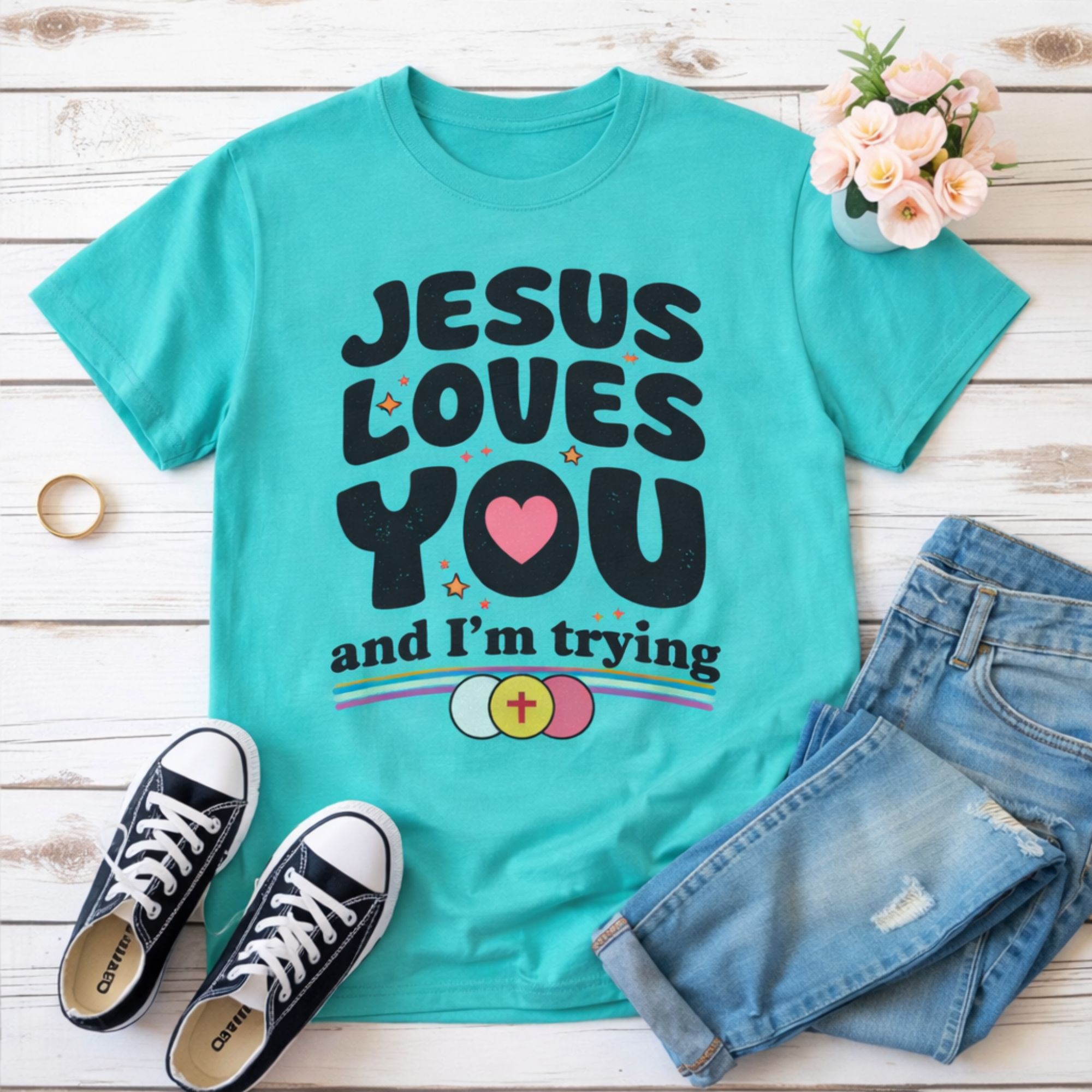 Jesus Loves You and I’m Trying Christian T-Shirt product thumbnail image Jesus Loves You and I’m Trying Christian T-Shirt product thumbnail image