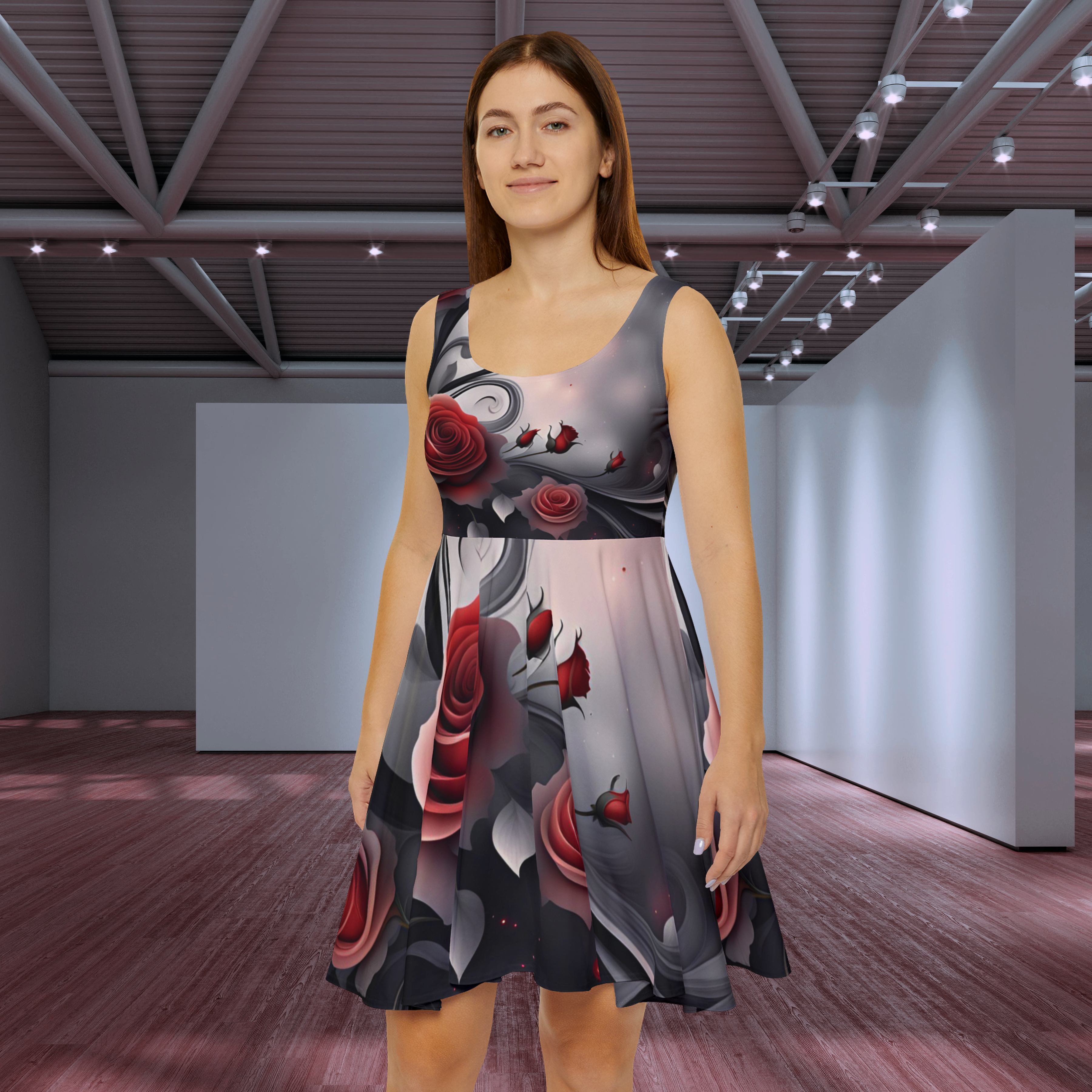 Red Rose Swirl Skater Dress — Floral All-Over Print