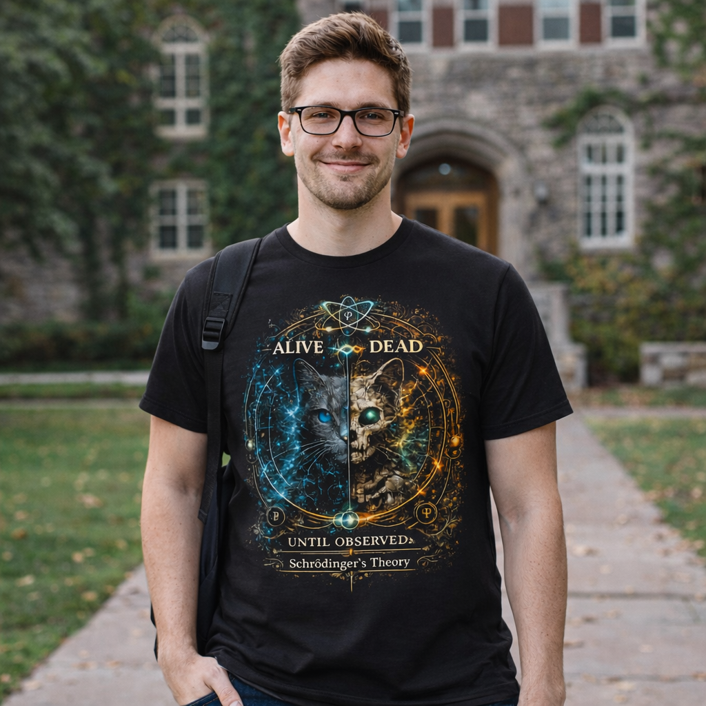Schrödinger Cat Illustration T-Shirt | Synapse Syndicate | Genius Tee - Image 1 | Lily's Pad Studio