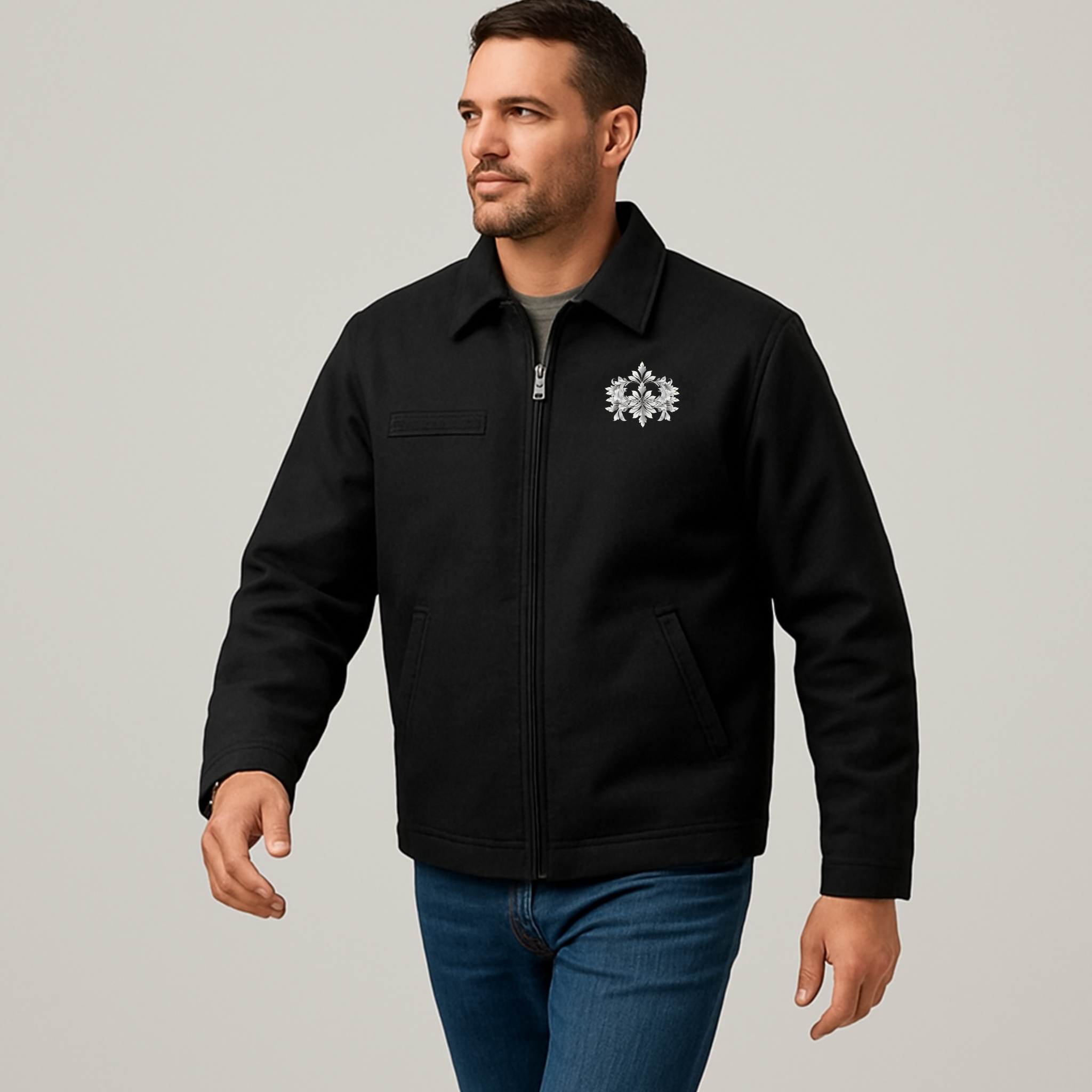 Embroidered Flame Crest Work Jacket — Durable Duck Cloth Utility Jacket product thumbnail image Embroidered Flame Crest Work Jacket — Durable Duck Cloth Utility Jacket product thumbnail image