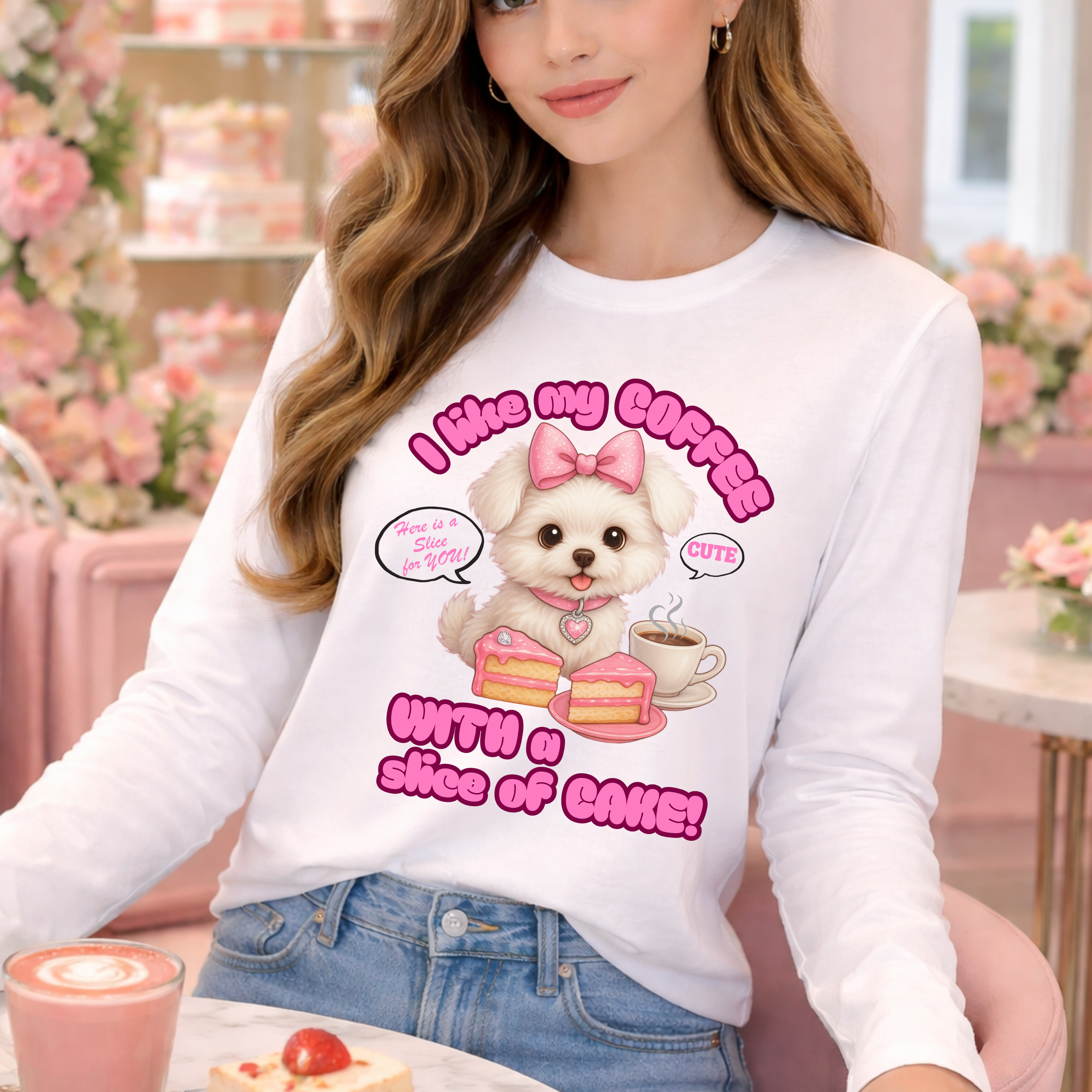 Unisex Jersey Long Sleeve Tee — “I Like My Coffee with a Slice of Cake” Furry Pup Coffee & Cake Design product thumbnail image Unisex Jersey Long Sleeve Tee — “I Like My Coffee with a Slice of Cake” Furry Pup Coffee & Cake Design product thumbnail image