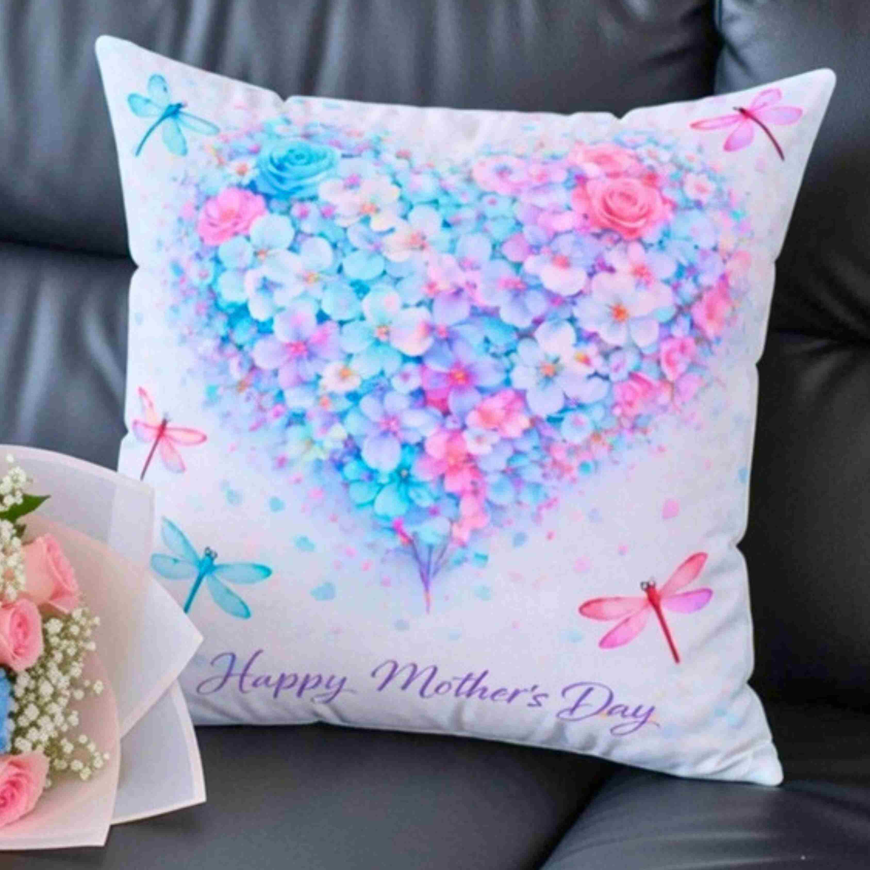 Mother's Day Floral Heart Pillow — "Happy Mother's Day" Square Decorative Couch Cushion product thumbnail image