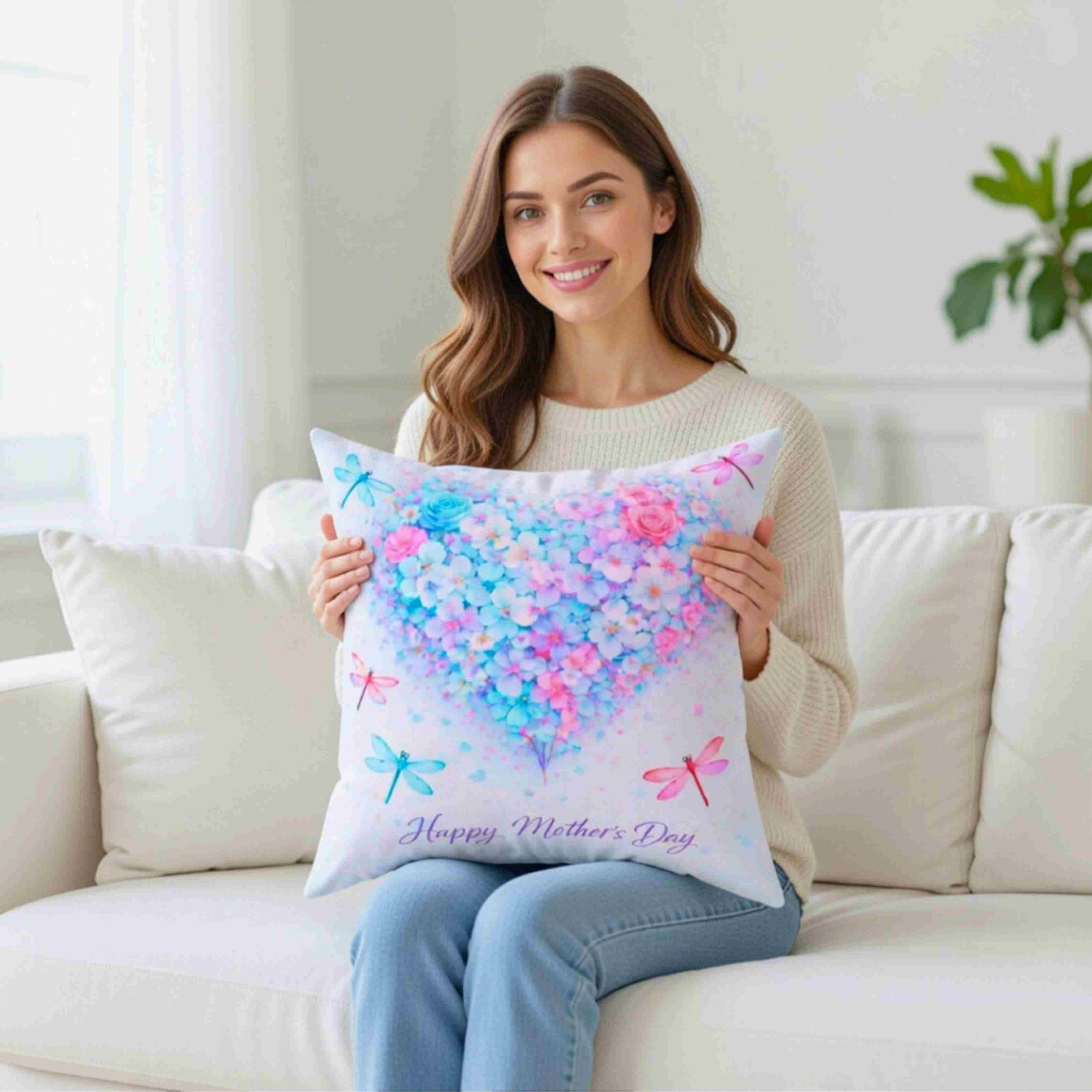 Mother's Day Floral Heart Pillow — "Happy Mother's Day" Square Decorative Couch Cushion product thumbnail image