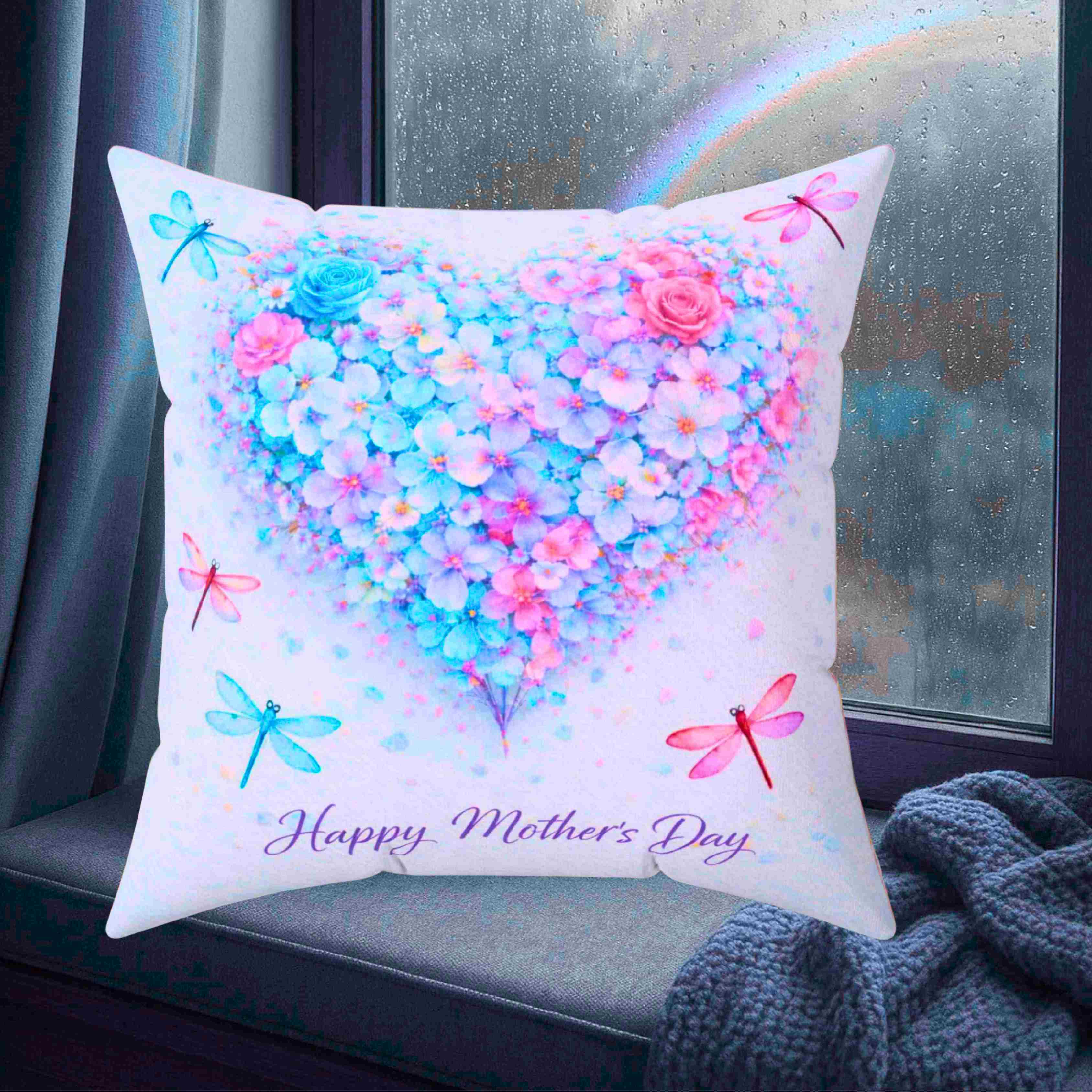 Mother's Day Floral Heart Pillow — "Happy Mother's Day" Square Decorative Couch Cushion product thumbnail image