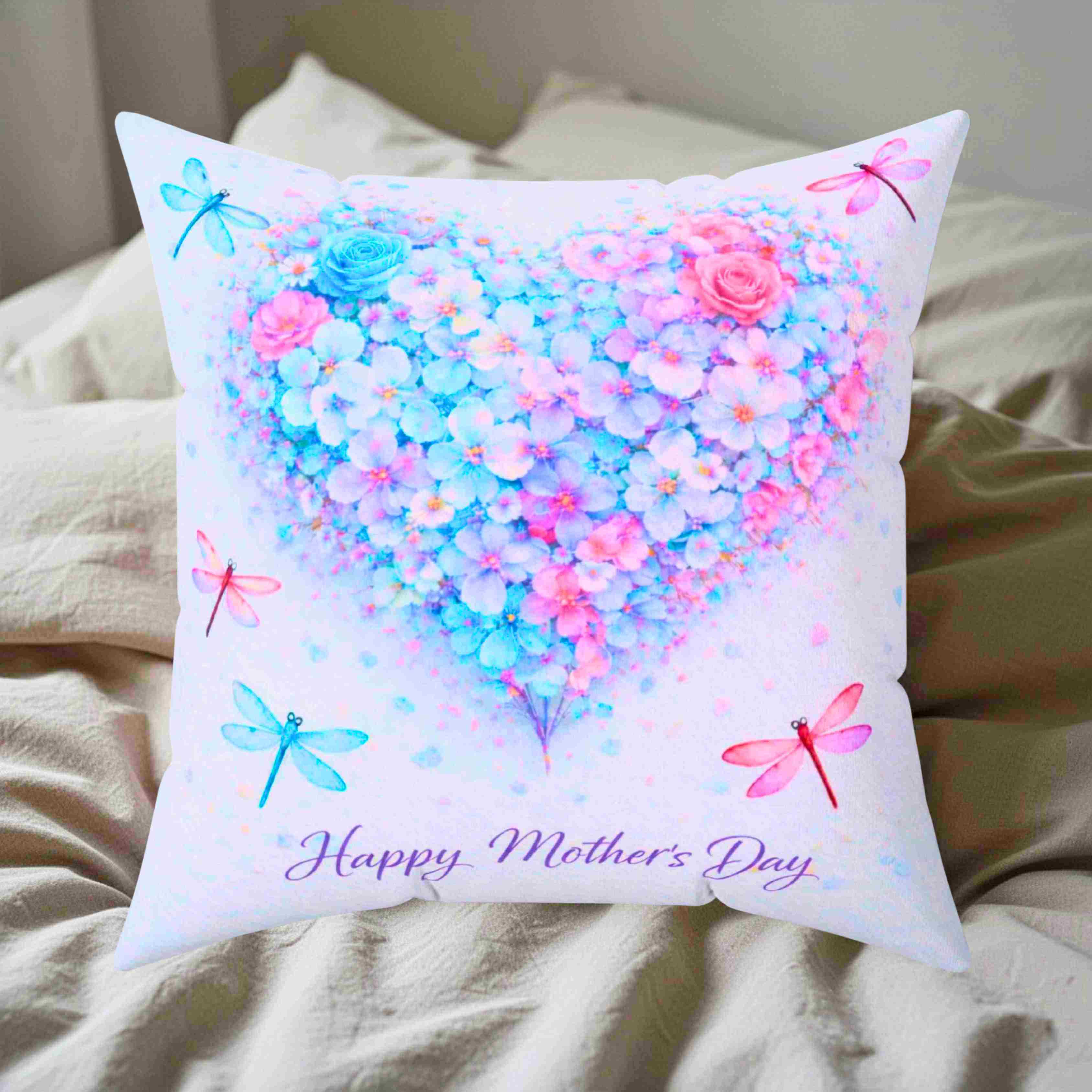 Mother's Day Floral Heart Pillow — "Happy Mother's Day" Square Decorative Couch Cushion product thumbnail image