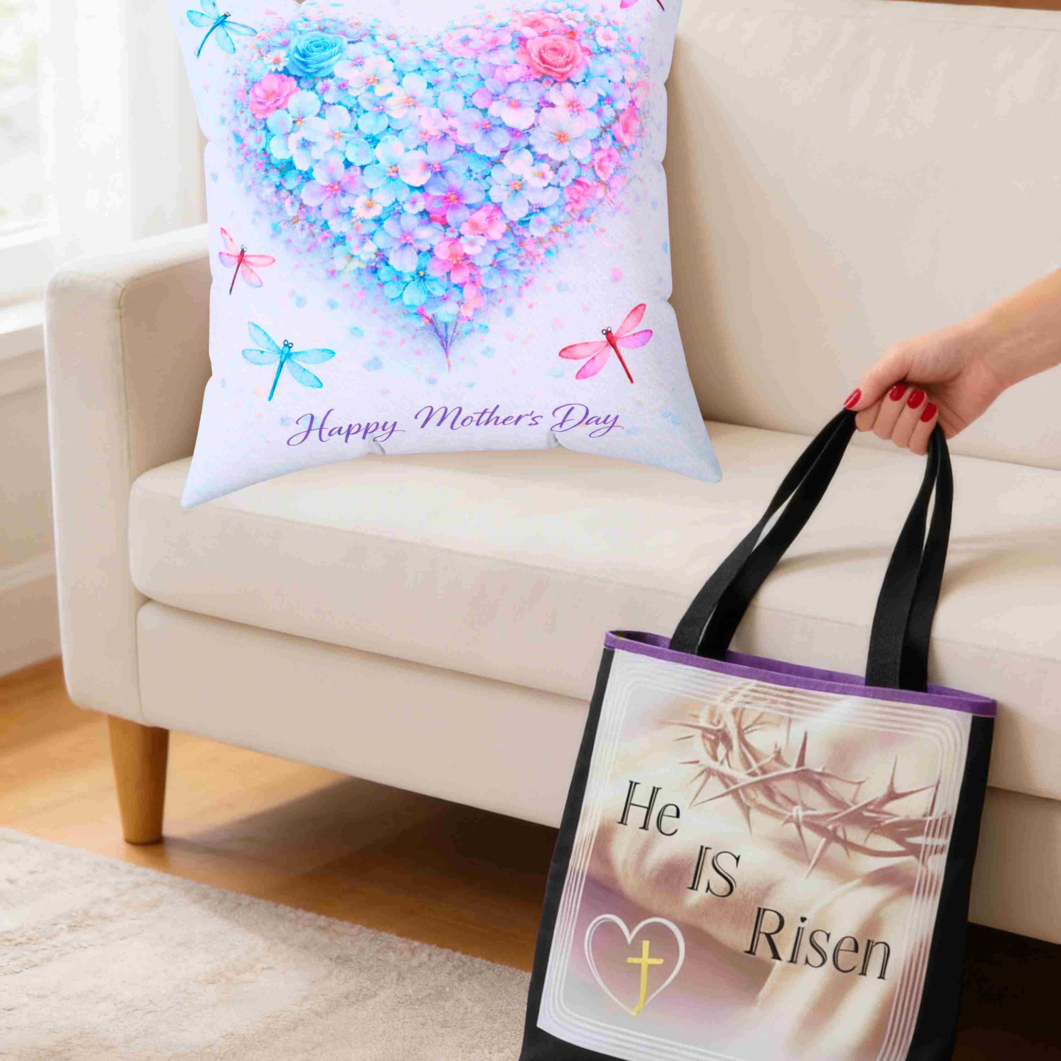 Mother's Day Floral Heart Pillow — "Happy Mother's Day" Square Decorative Couch Cushion product thumbnail image