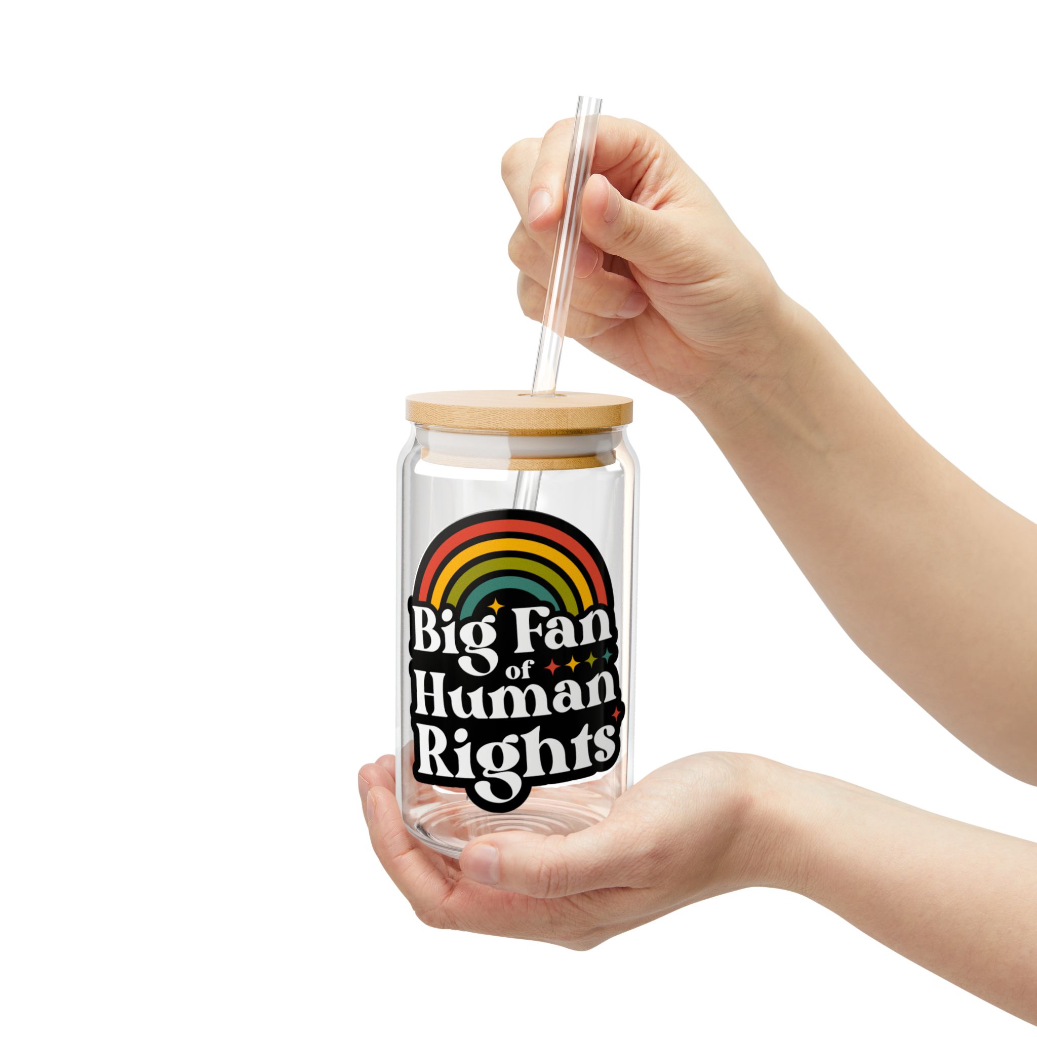 Big Fan of Human Rights 16oz Sipper Glass — Rainbow Activist Tumbler with Straw product thumbnail image