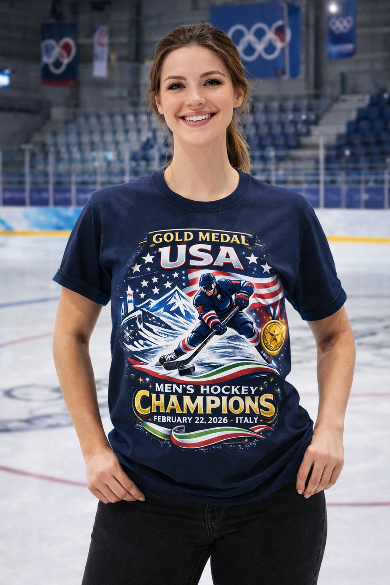 USA Men Hockey Gold Medal Champions 2026 Italy Commemorative T Shirt Tee
