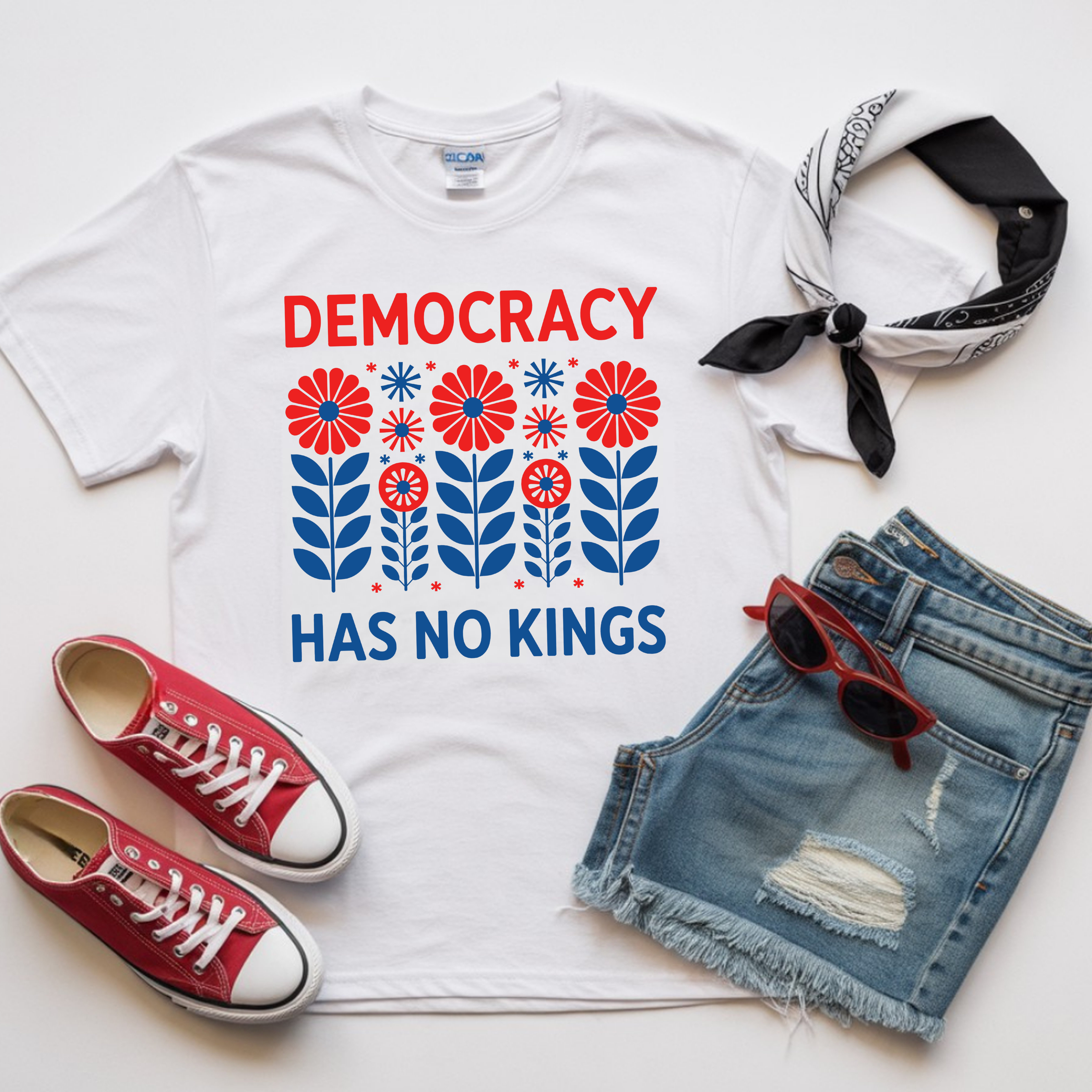 Democracy Has No Kings T-Shirt — Retro Floral Patriotic Protest Tee