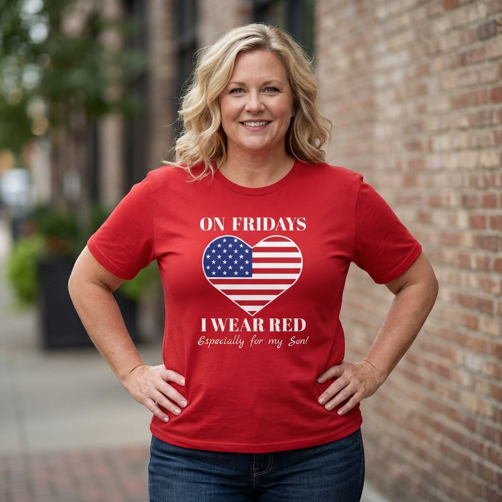 "On Fridays I Wear Red – Especially for My Son"❤️- Patriotic Heart T-Shirt 🇺🇸 product thumbnail image "On Fridays I Wear Red – Especially for My Son"❤️- Patriotic Heart T-Shirt 🇺🇸 product thumbnail image
