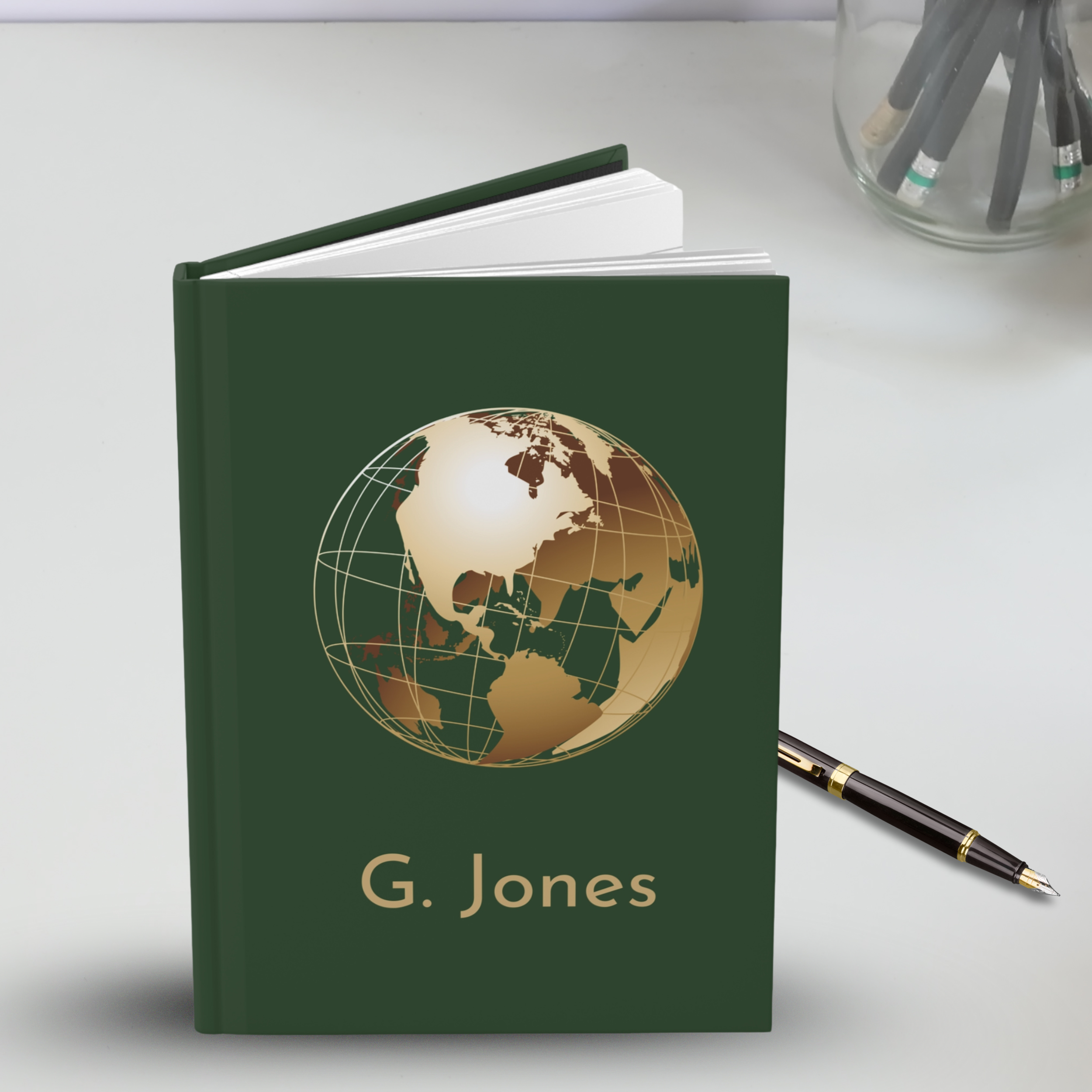Personalized classic travel journal in dark green with custom name and globe motif product thumbnail image Personalized classic travel journal in dark green with custom name and globe motif product thumbnail image