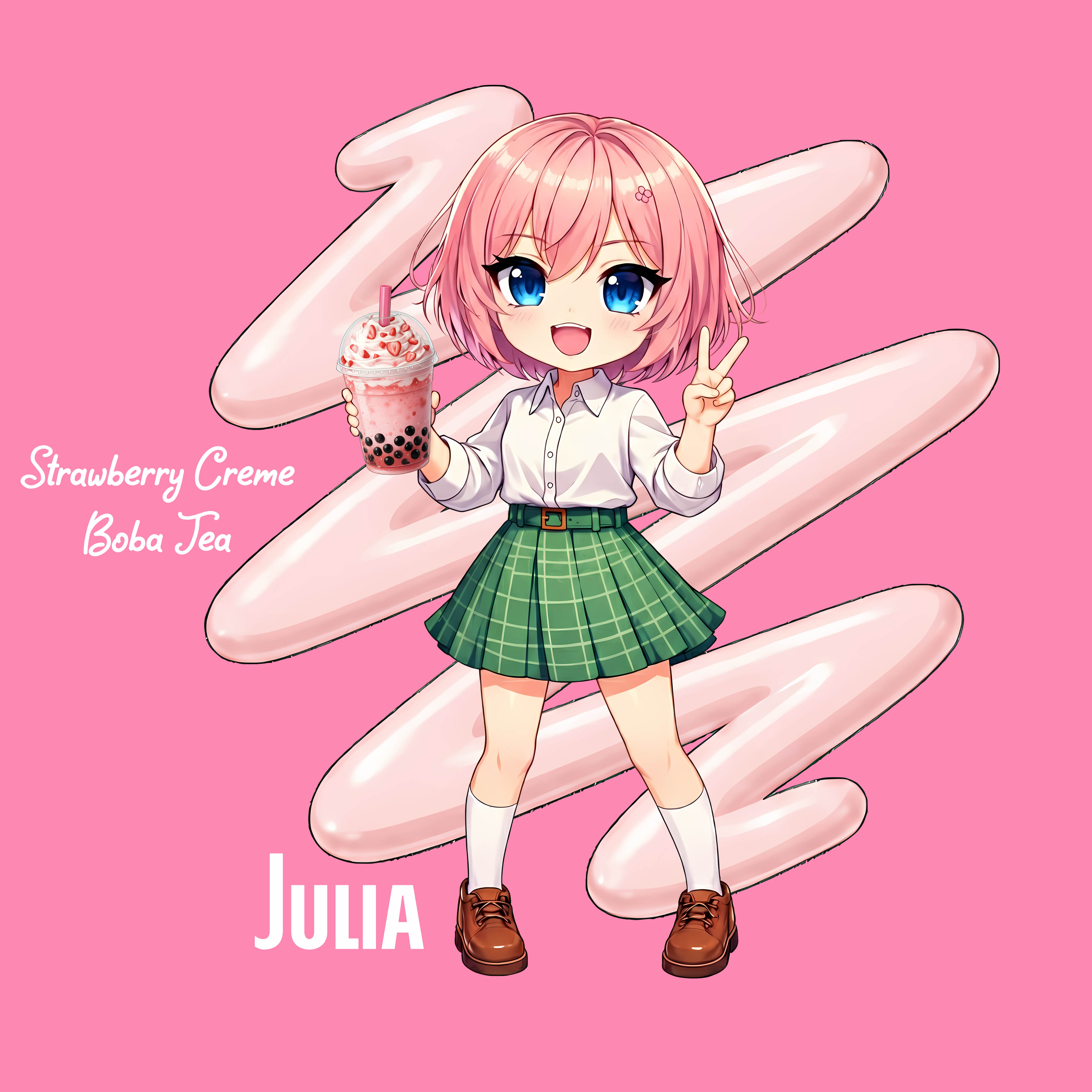 Julia Boba Tea Shirt — Pink Chibi Schoolgirl Graphic T-Shirt