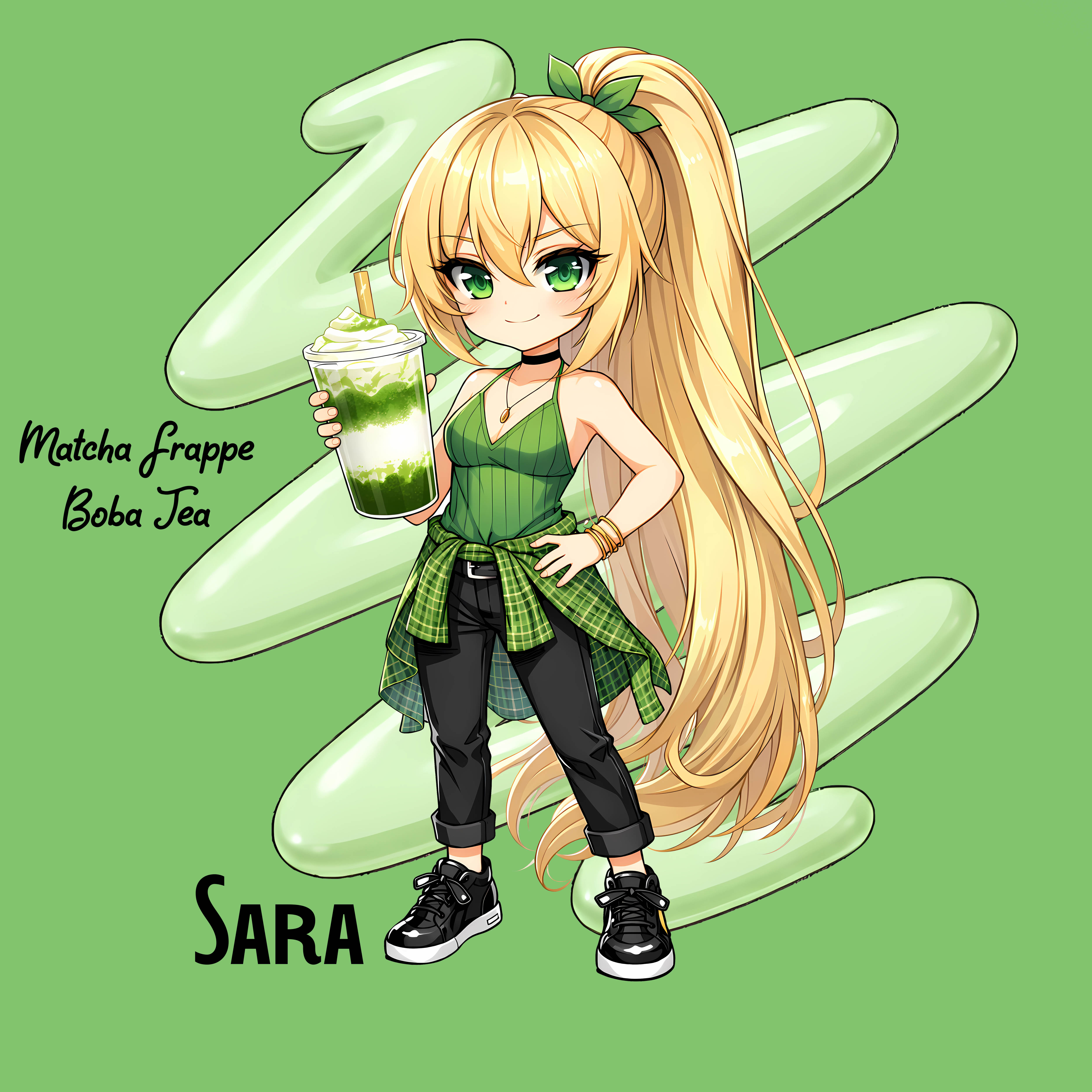 Sara Boba Tea Shirt v2 — Green Chibi Gamer Graphic T-Shirt product thumbnail image