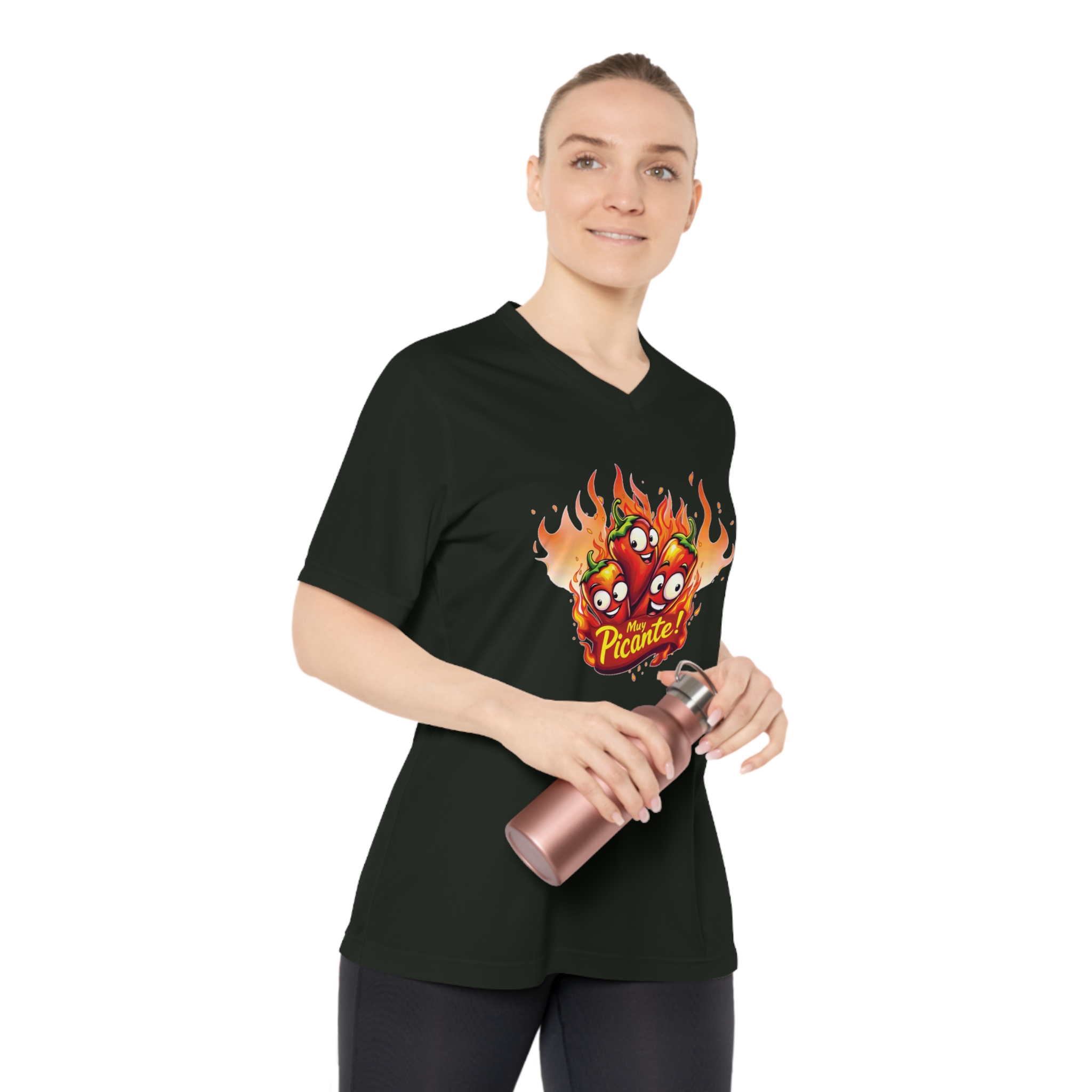 Ladies' V-Neck T-Shirt, 'Picante' Flaming Chili Pepper Graphic