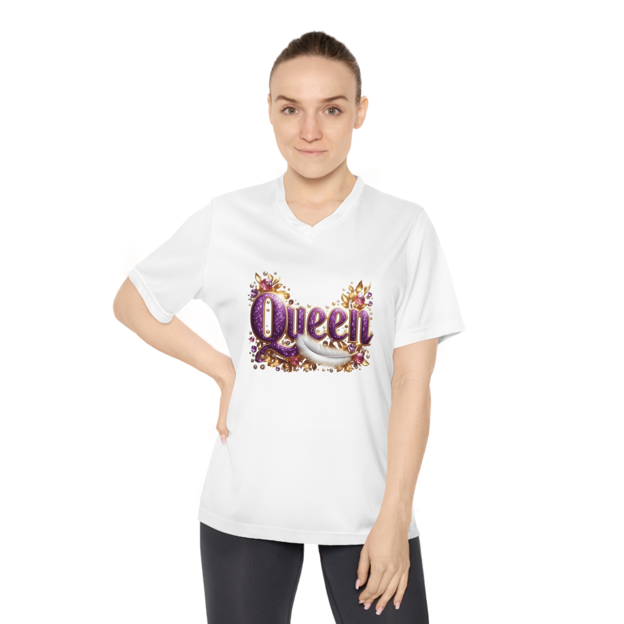 Queen Script Floral Design T-Shirt, Purple Glitter Lettering product thumbnail image
