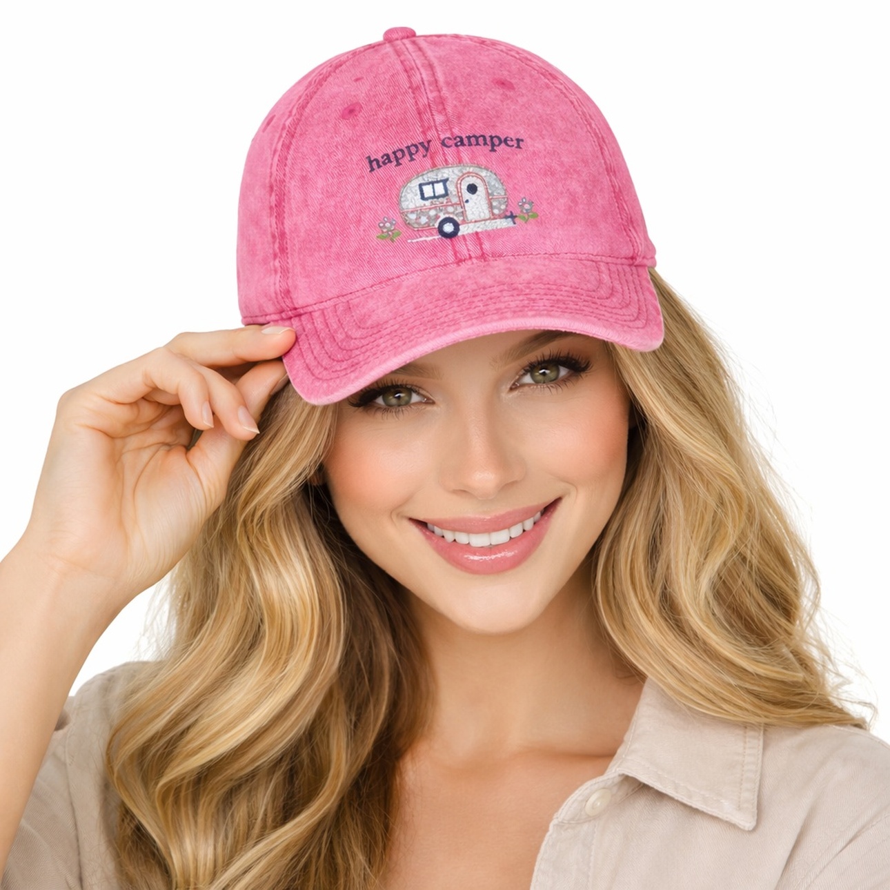 Vintage 'Happy Camper' Embroidered Cap — Distressed Outdoor Baseball Hat product thumbnail image