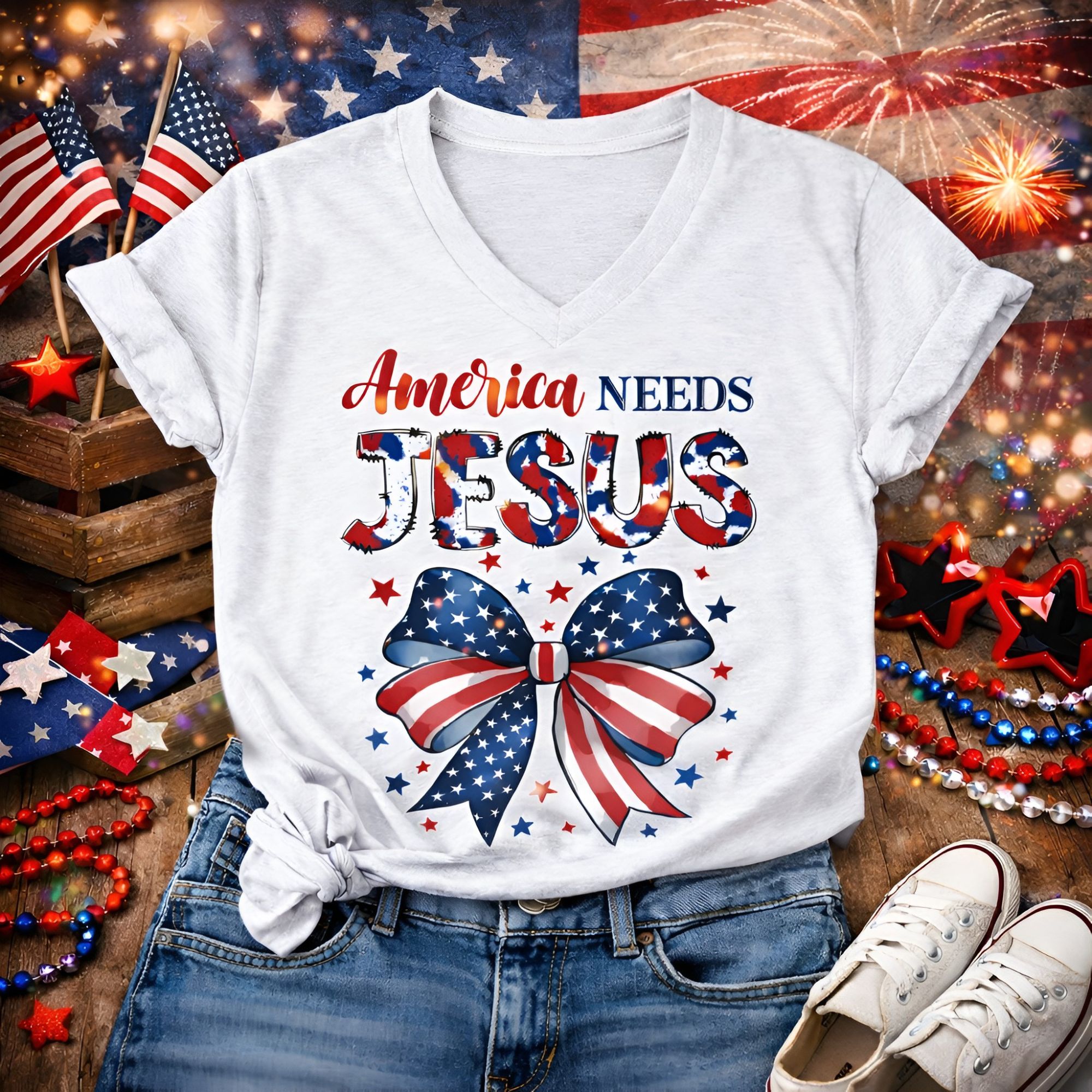 America Needs Jesus Patriotic Tee product thumbnail image America Needs Jesus Patriotic Tee product thumbnail image