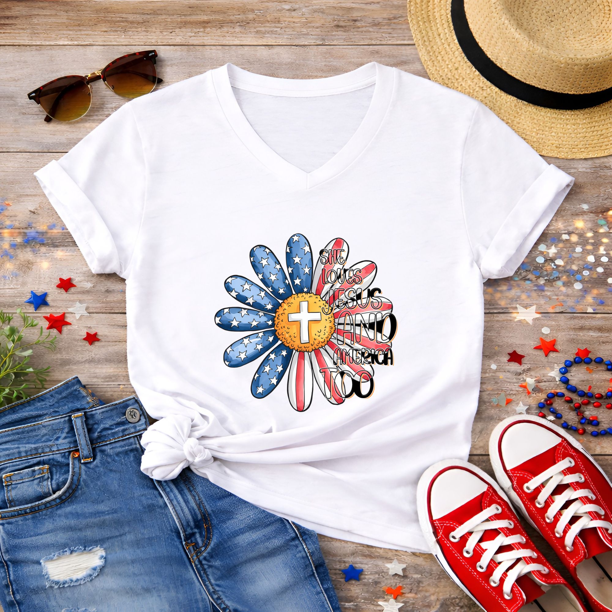 Patriotic Daisy Tee with Cross Center product thumbnail image Patriotic Daisy Tee with Cross Center product thumbnail image