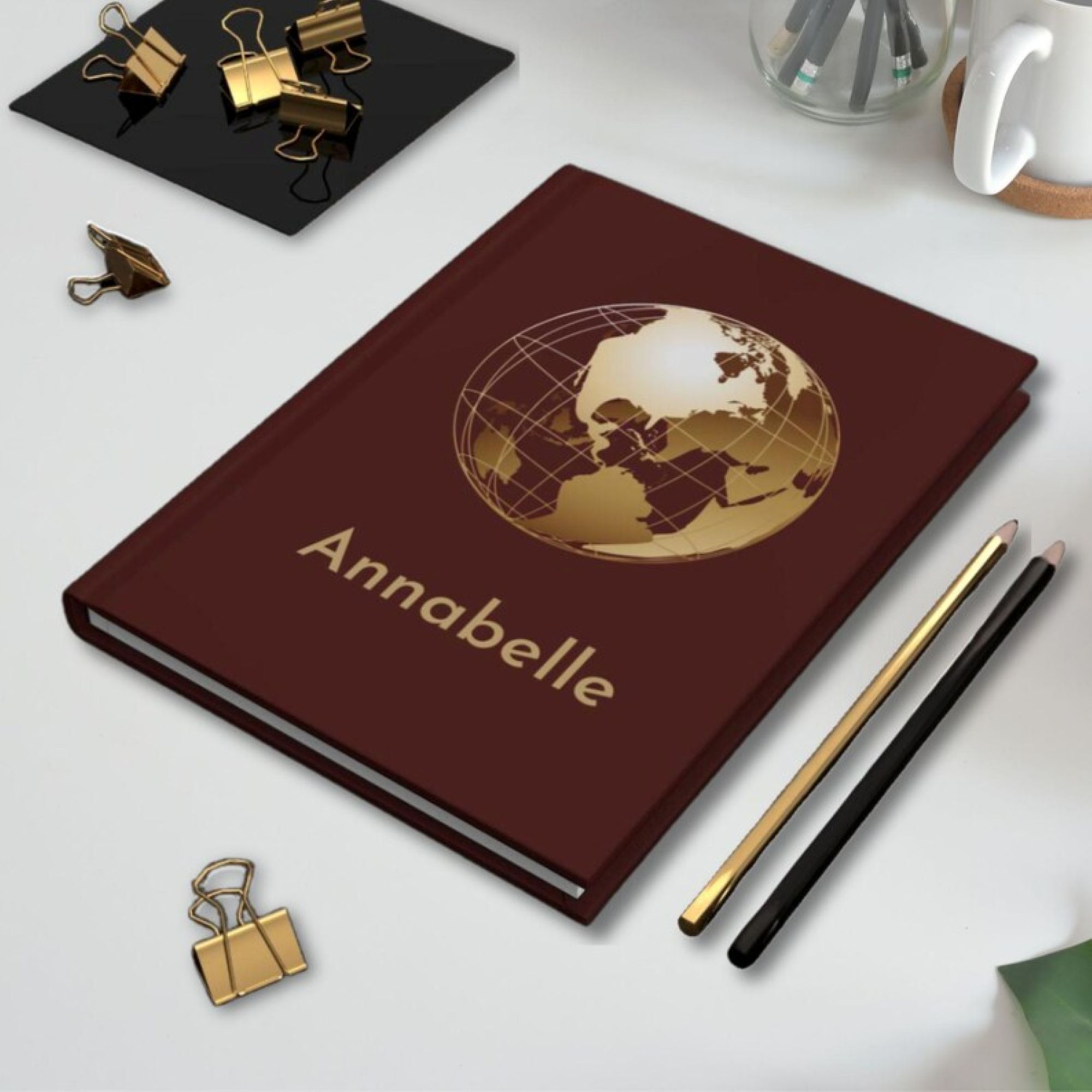 Personalized classic travel journal in claret with custom name and globe motif product thumbnail image Personalized classic travel journal in claret with custom name and globe motif product thumbnail image