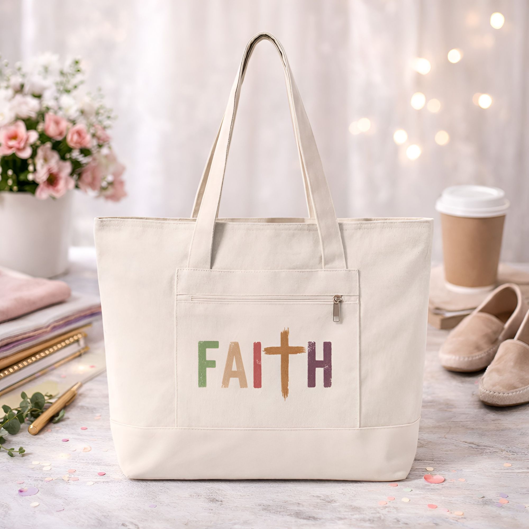 Faith Cross Canvas Zippered Tote product thumbnail image Faith Cross Canvas Zippered Tote product thumbnail image
