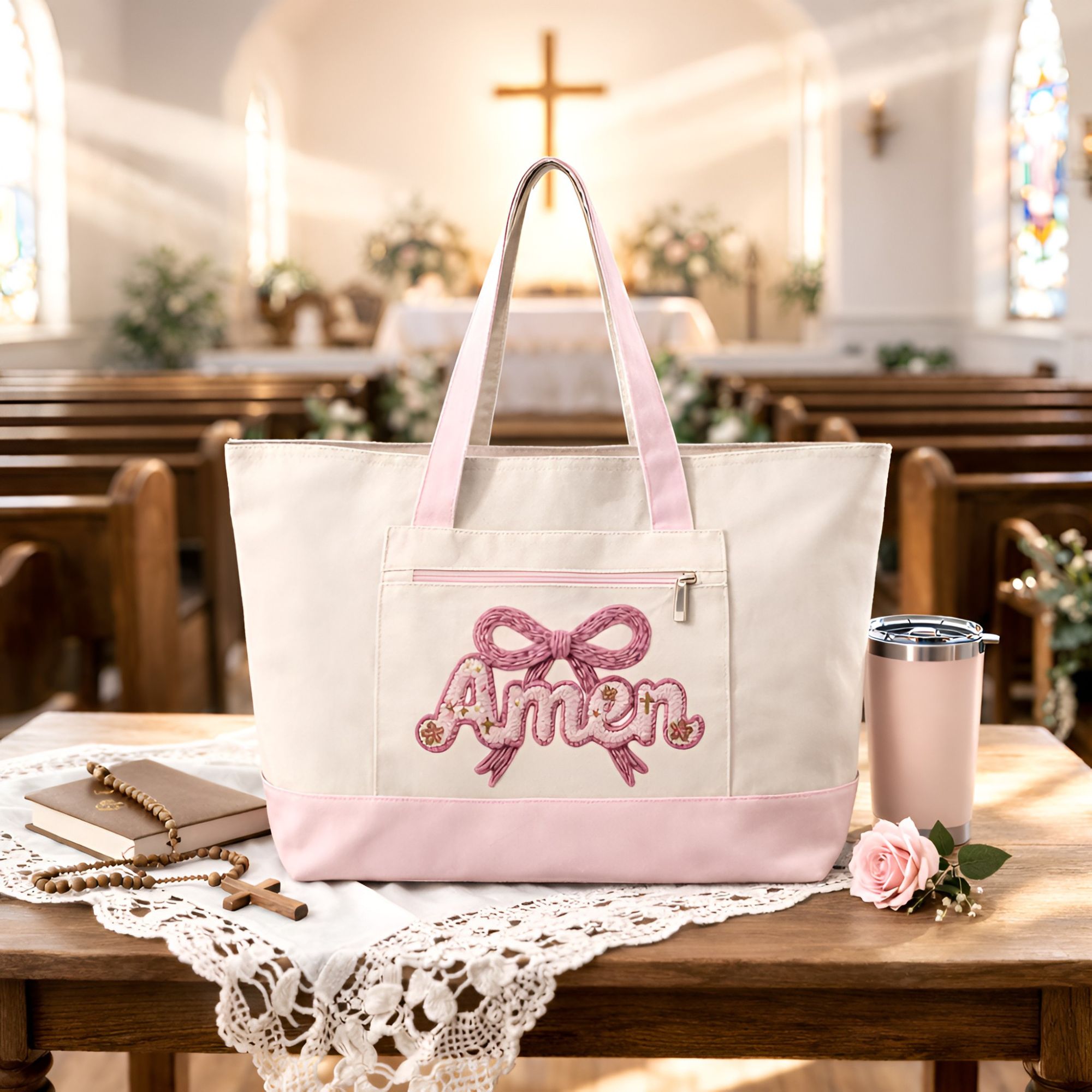 Pink Floral Faux Yarn Amen Zippered Tote Bag product thumbnail image Pink Floral Faux Yarn Amen Zippered Tote Bag product thumbnail image