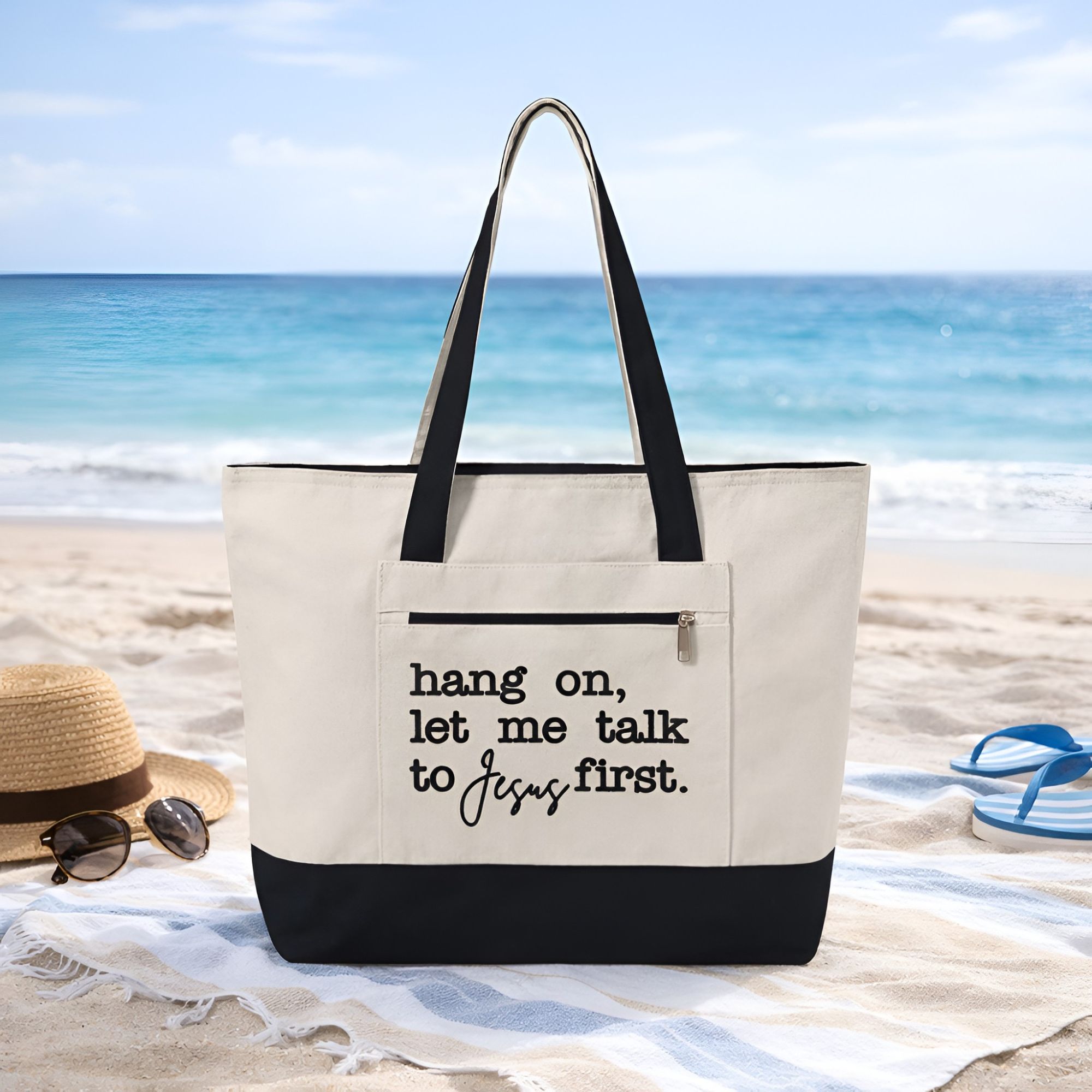 Hang on, let me talk to jesus first Zippered Tote Bag product thumbnail image Hang on, let me talk to jesus first Zippered Tote Bag product thumbnail image