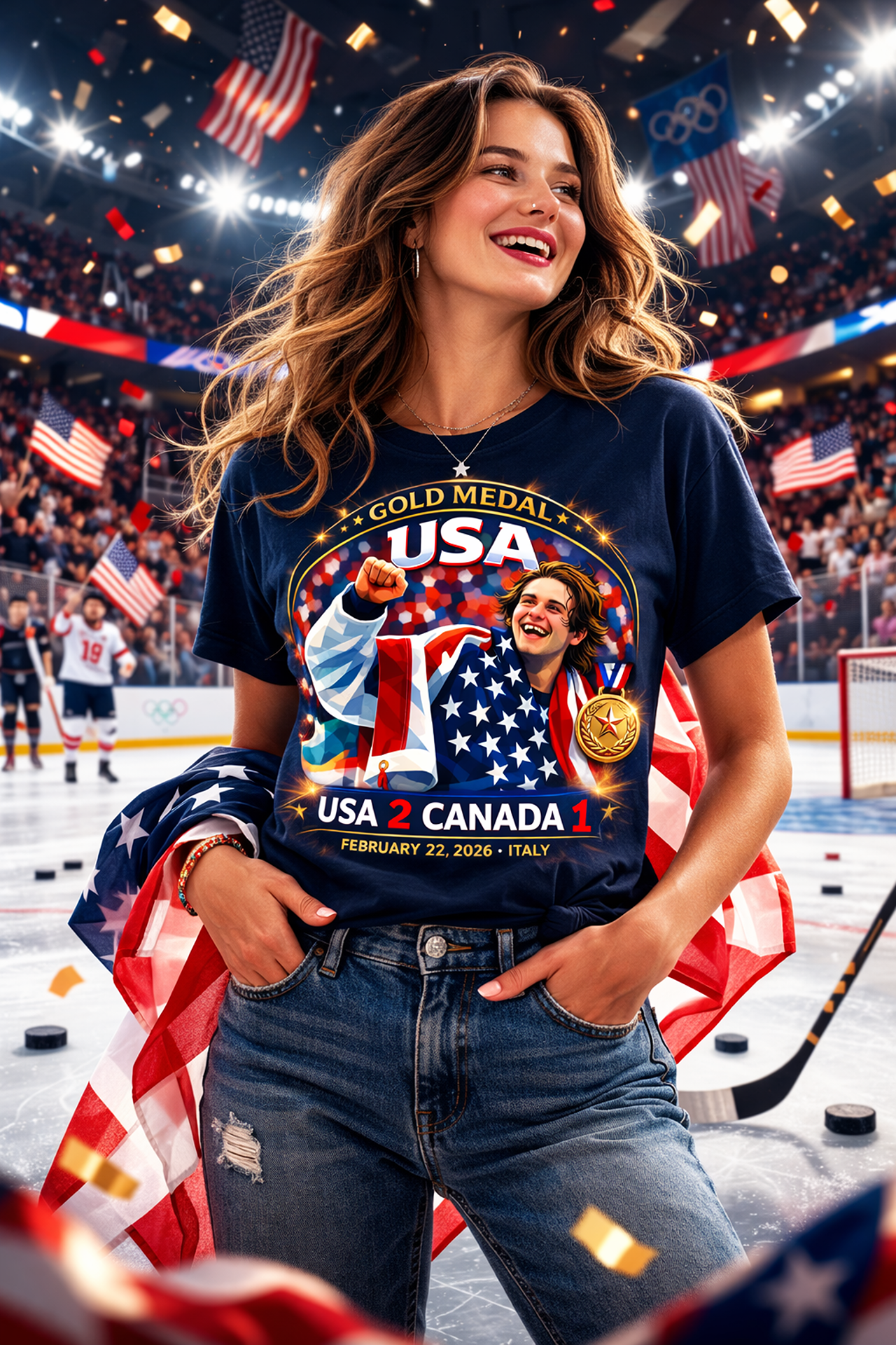 USA Olympic Gold Medal Hockey T Shirt 2026 Jack Hughes Golden Goal vs Canada Tee product thumbnail image USA Olympic Gold Medal Hockey T Shirt 2026 Jack Hughes Golden Goal vs Canada Tee product thumbnail image