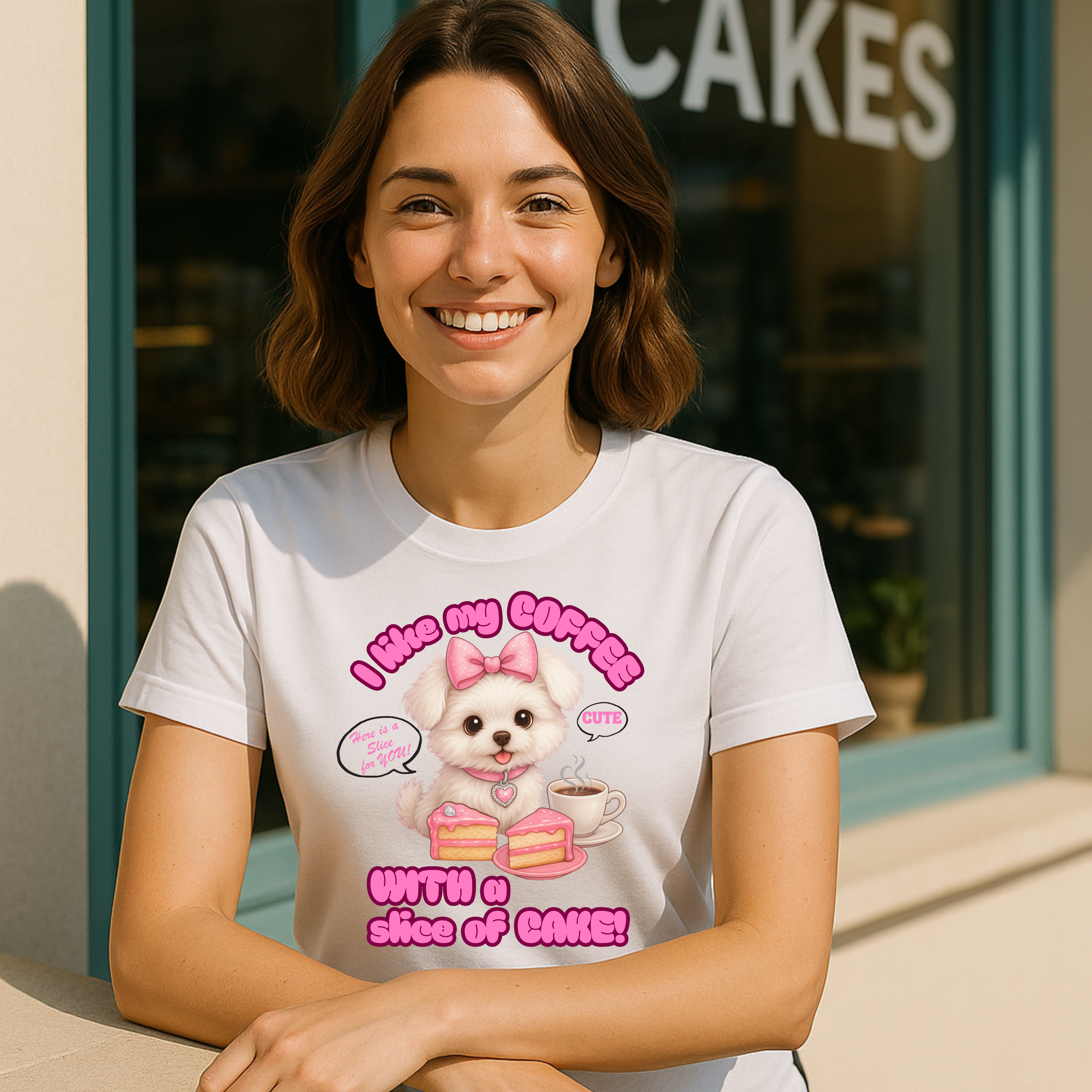 Cute Puppy Coffee Tee — "I like my coffee with a slice of cake" T-Shirt product thumbnail image