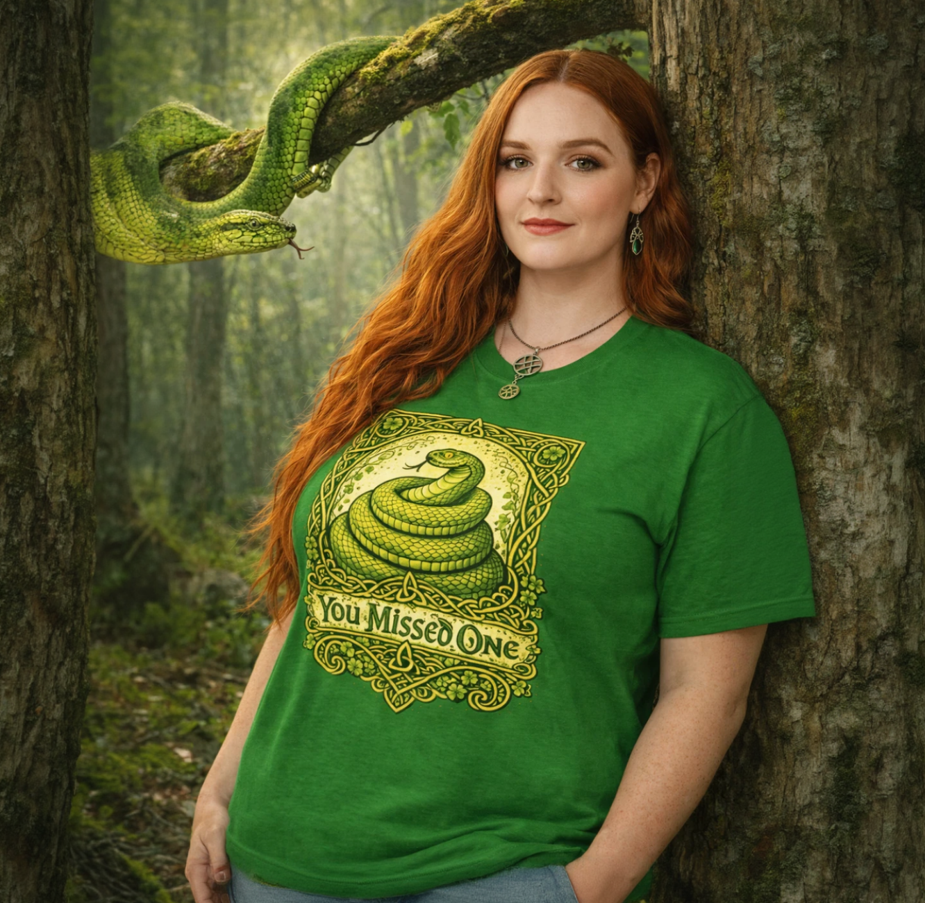 Coiled Snake You Missed One T-Shirt | Vintage Green Serpent Illustration product thumbnail image