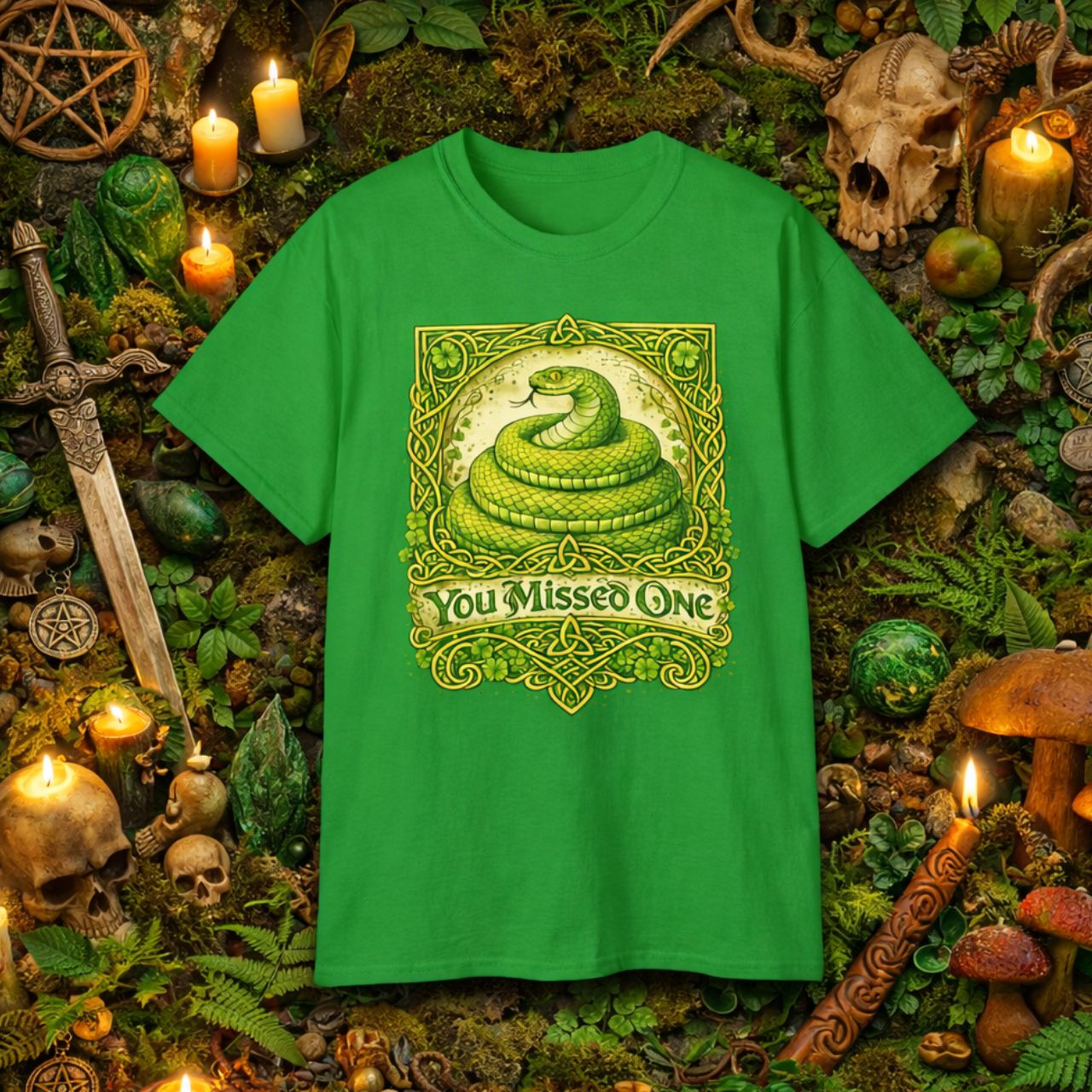 Coiled Snake You Missed One T-Shirt | Vintage Green Serpent Illustration product thumbnail image