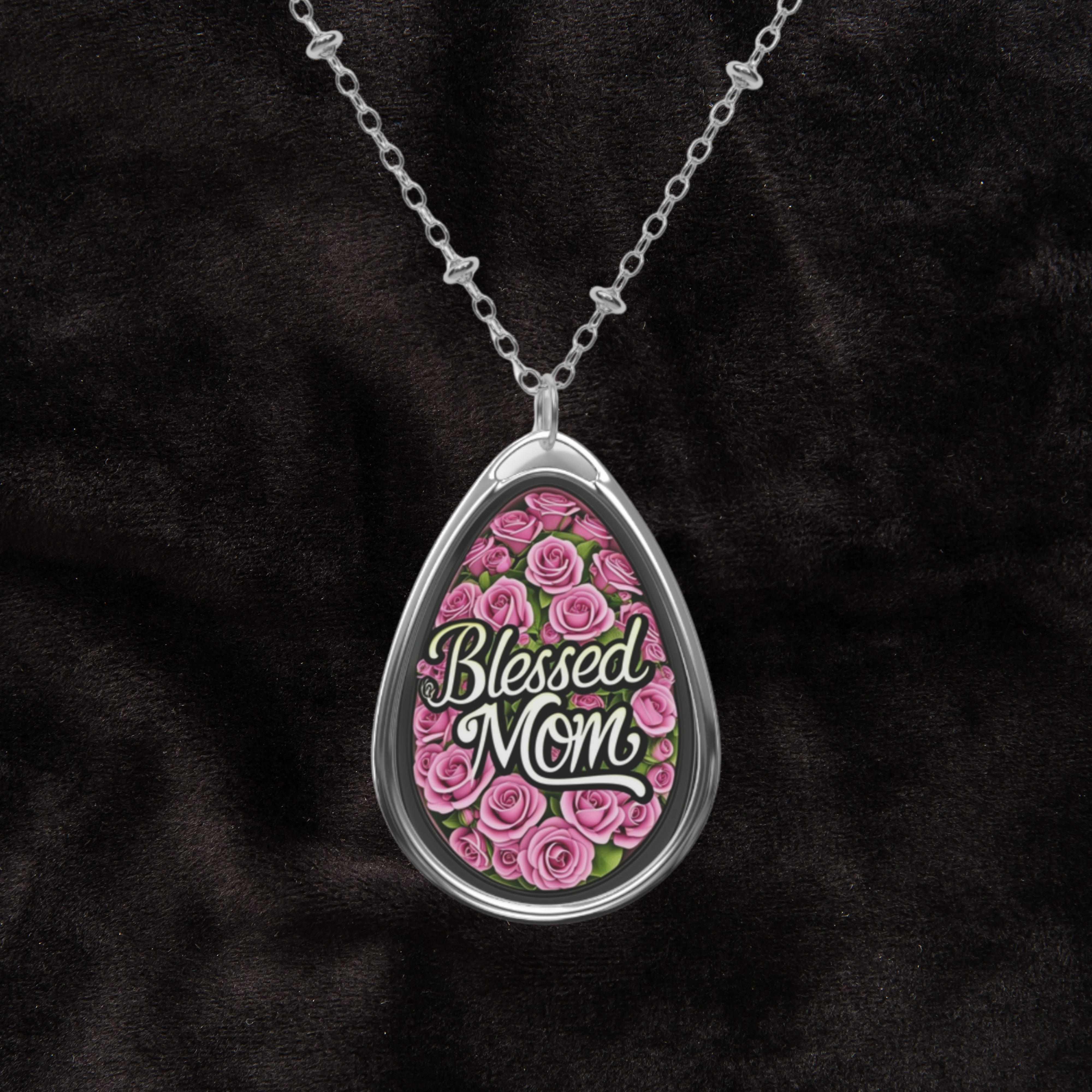 Blessed Mom Oval Necklace — Pink Rose Teardrop Pendant for Mother’s Day & Everyday product thumbnail image Blessed Mom Oval Necklace — Pink Rose Teardrop Pendant for Mother’s Day & Everyday product thumbnail image