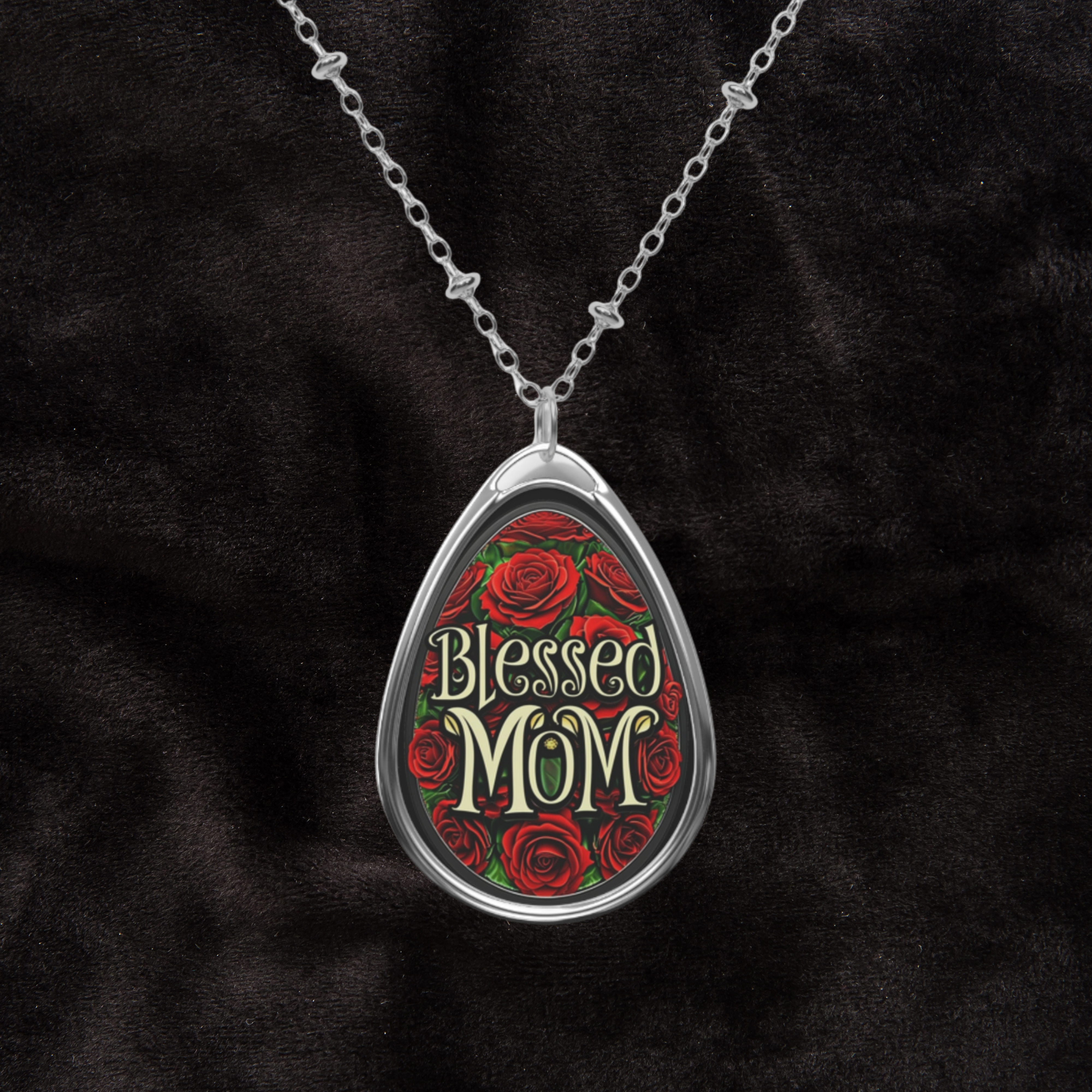 Blessed Mom Oval Necklace — Floral Red Rose Pendant for Mother’s Day