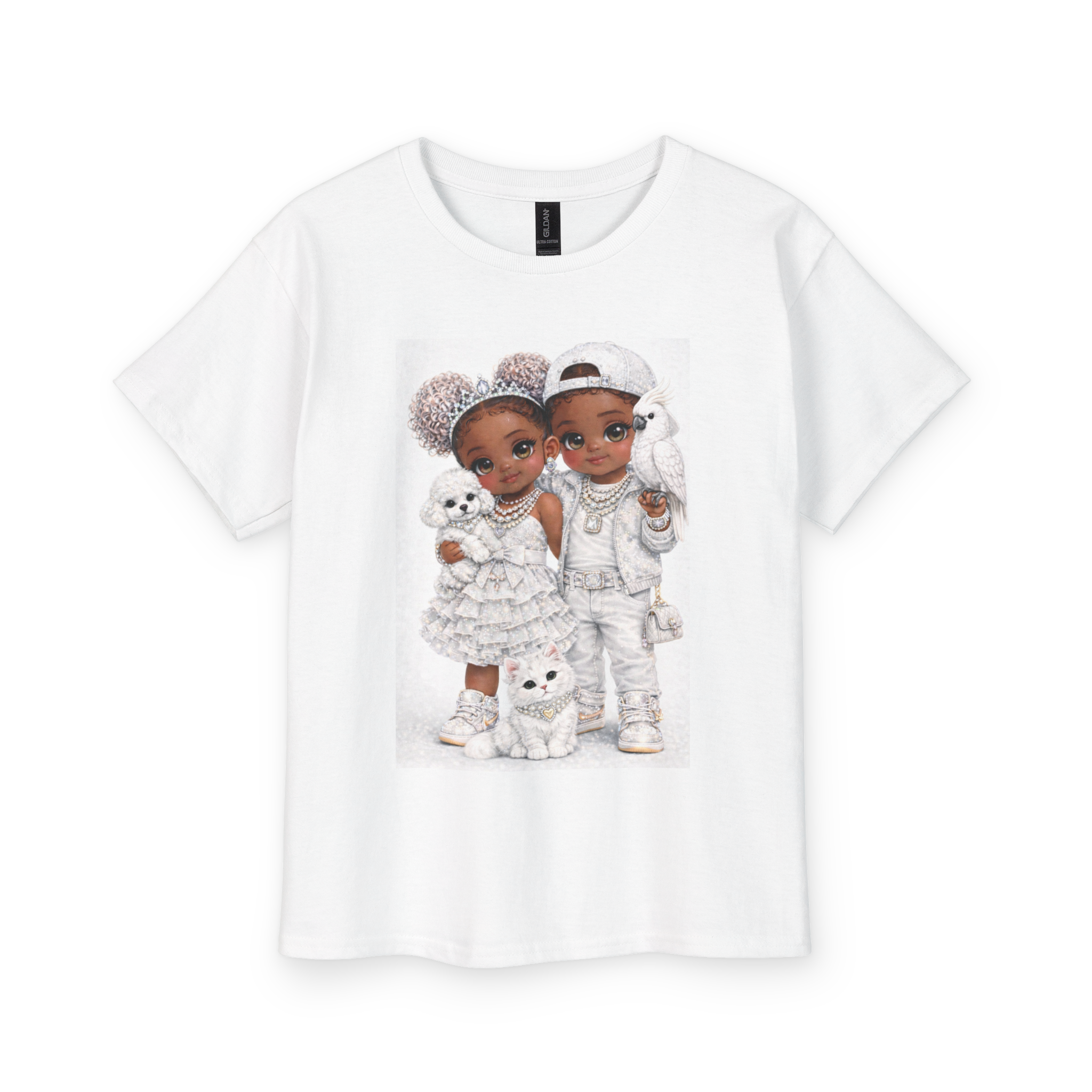 Youth Tee — Cute Matching Black Kids Duo with Teddy &amp; Puppy Graphic