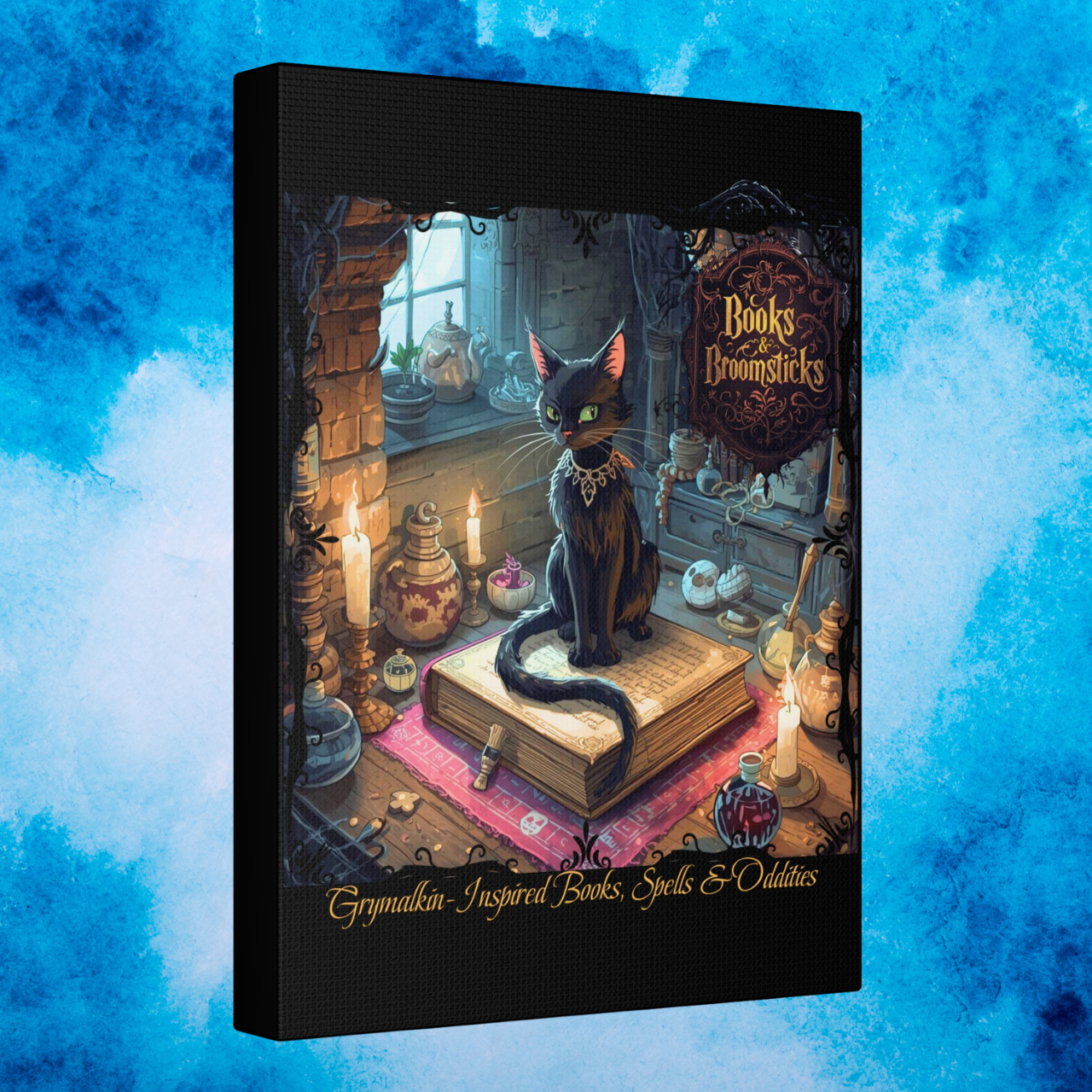 Black Cat Magical Books &amp; Broomsticks 9 x 12 Matte Wall Canvas product thumbnail image