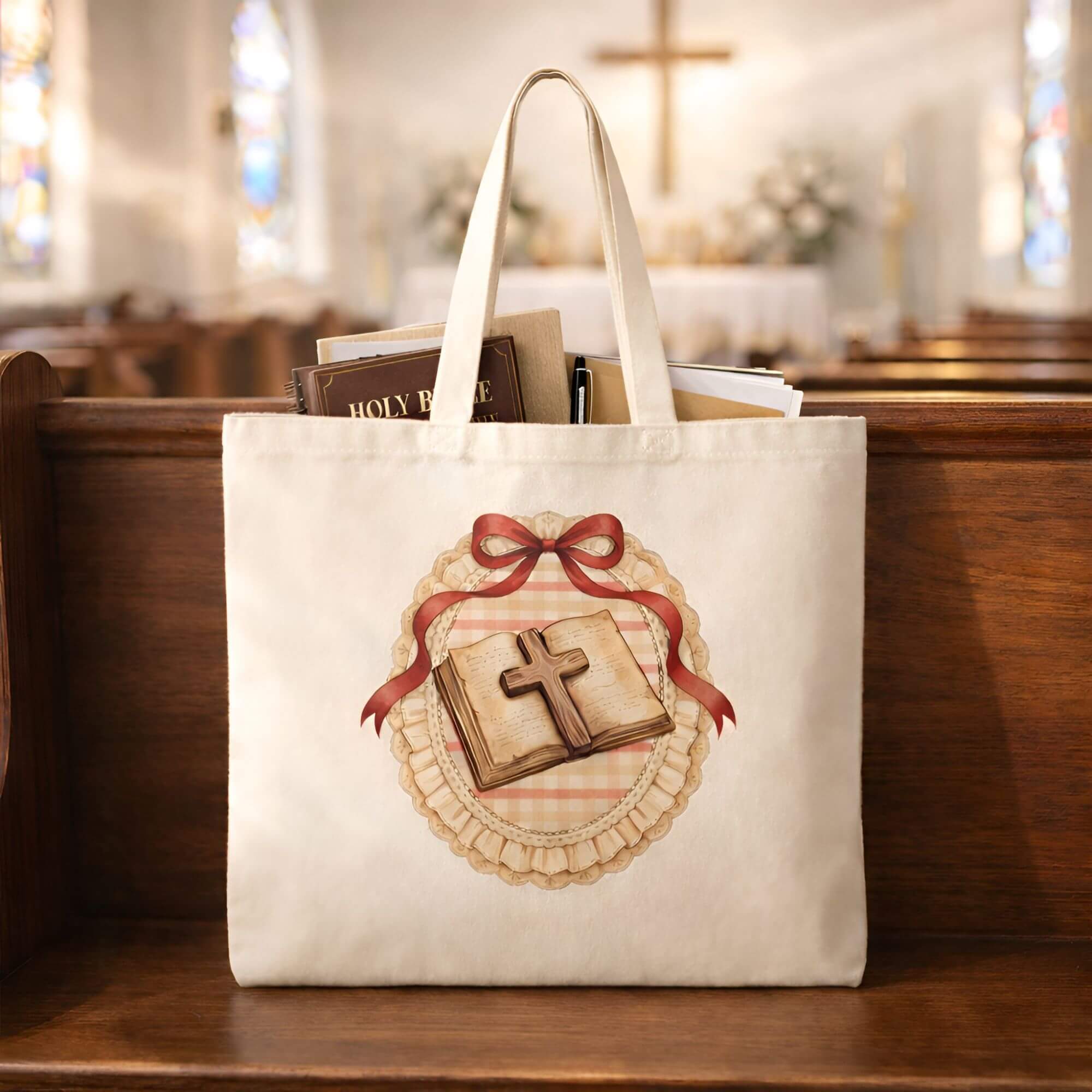 Vintage Bible & Cross Wreath Canvas Tote Bag product thumbnail image Vintage Bible & Cross Wreath Canvas Tote Bag product thumbnail image