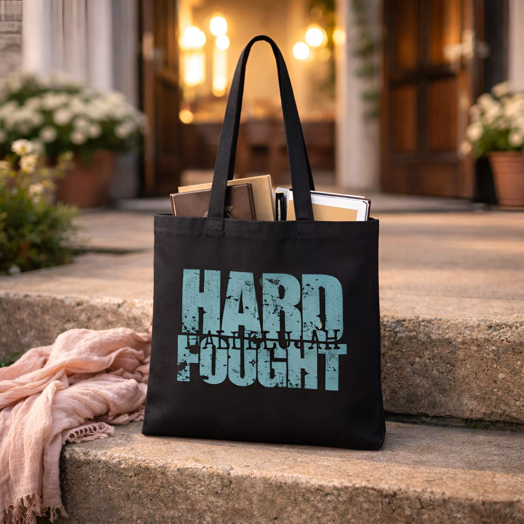Hard Fought Hallelujah Distressed Canvas Tote Bag product thumbnail image Hard Fought Hallelujah Distressed Canvas Tote Bag product thumbnail image