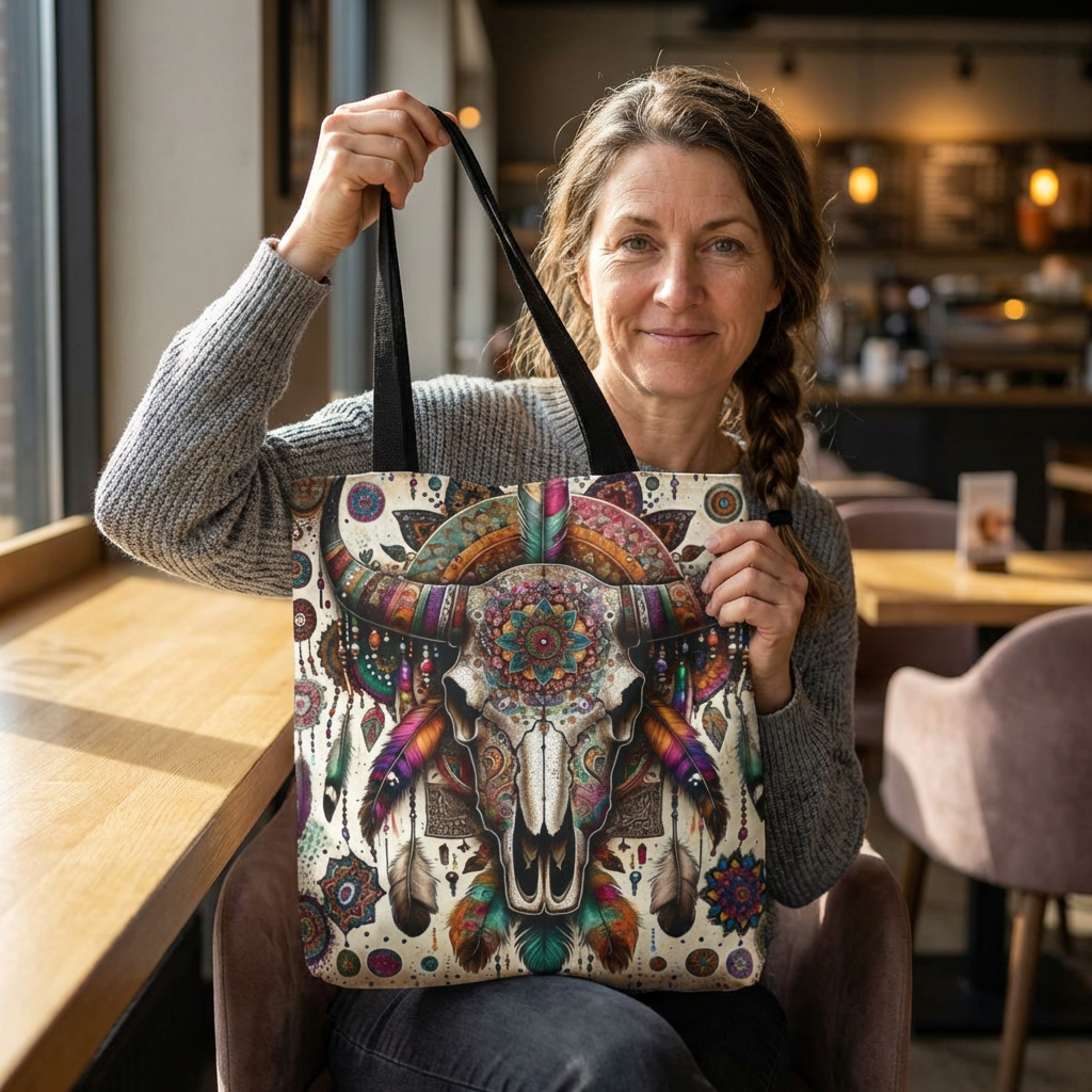 Boho Buffalo Skull Tote Bag – Colorful Dreamcatcher Tribal AOP Tote product thumbnail image