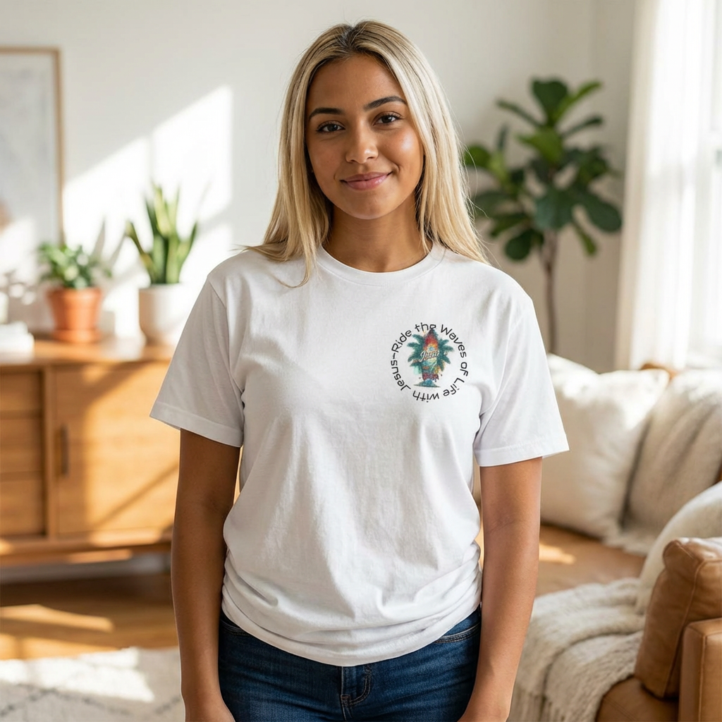 "Ride the Waves of Life with Jesus" Graphic Tee Shirt, Inspirational, Christian, Surf, Beach, product thumbnail image "Ride the Waves of Life with Jesus" Graphic Tee Shirt, Inspirational, Christian, Surf, Beach, product thumbnail image
