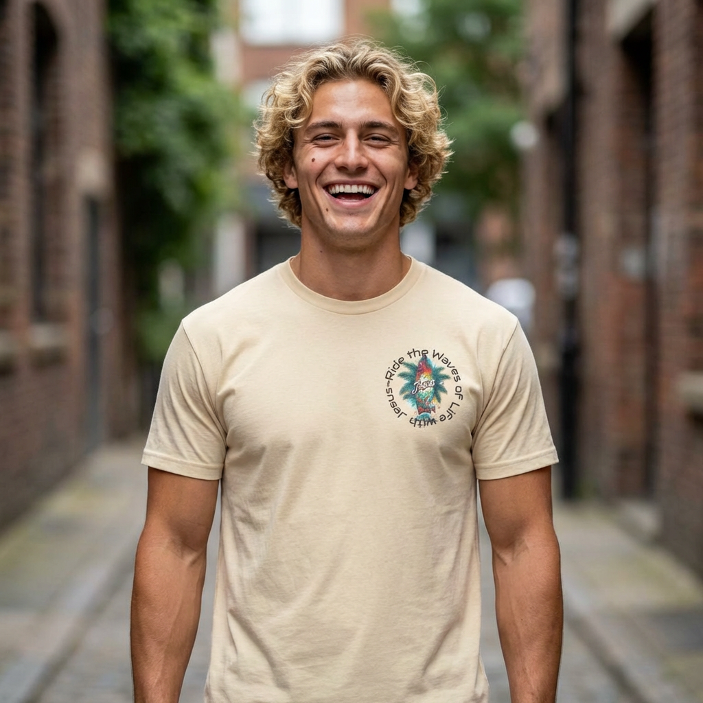  "Ride the Waves of Life with Jesus" Graphic Tee Shirt, Inspirational, Christian, Surf, Beach,  product thumbnail image