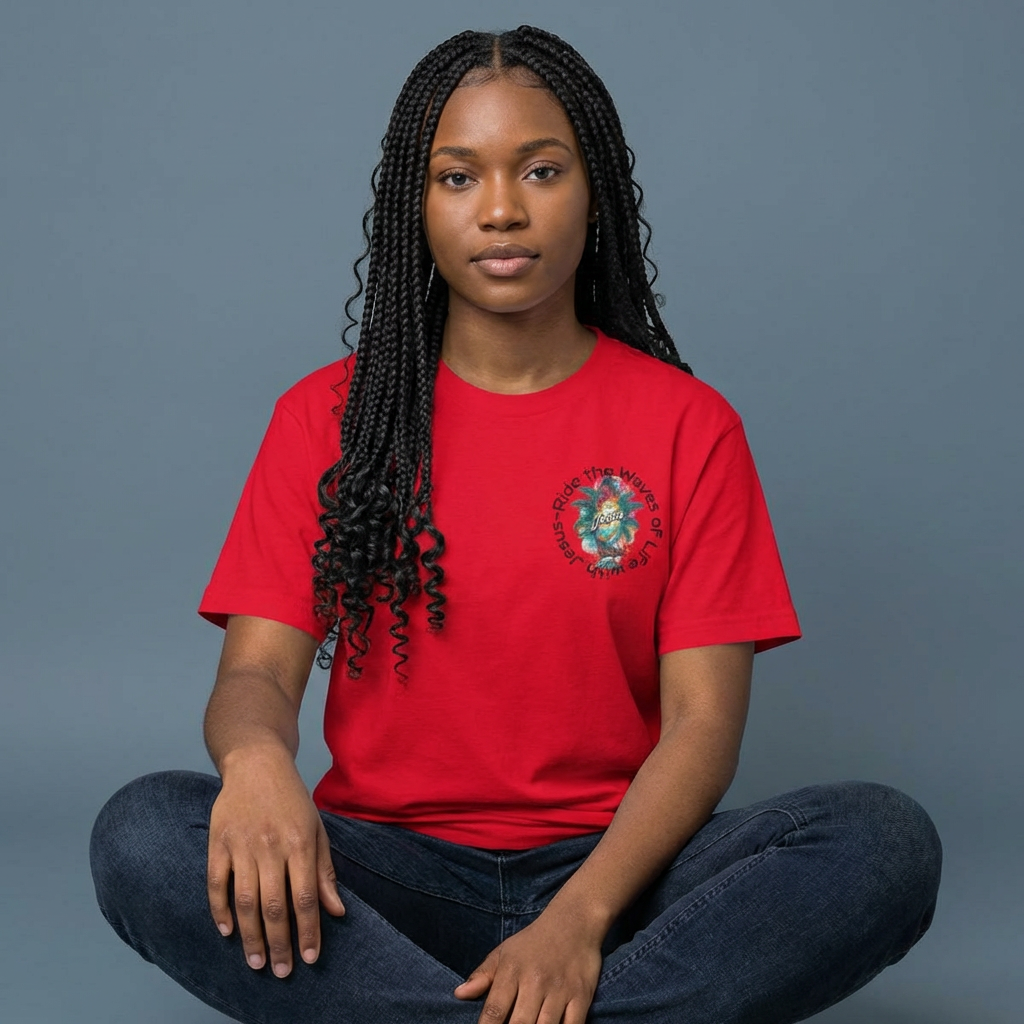 "Ride the Waves of Life with Jesus" Graphic Tee Shirt, Inspirational, Christian, Surf, Beach, product thumbnail image "Ride the Waves of Life with Jesus" Graphic Tee Shirt, Inspirational, Christian, Surf, Beach, product thumbnail image