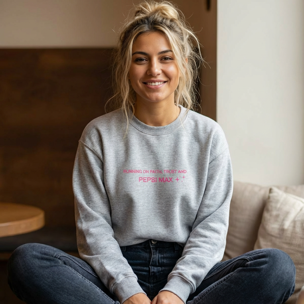 Crewneck Sweatshirt — "Running on Faith, Trust and Pepsi Max" Minimal Graphic - pink thread product thumbnail image Crewneck Sweatshirt — "Running on Faith, Trust and Pepsi Max" Minimal Graphic - pink thread product thumbnail image