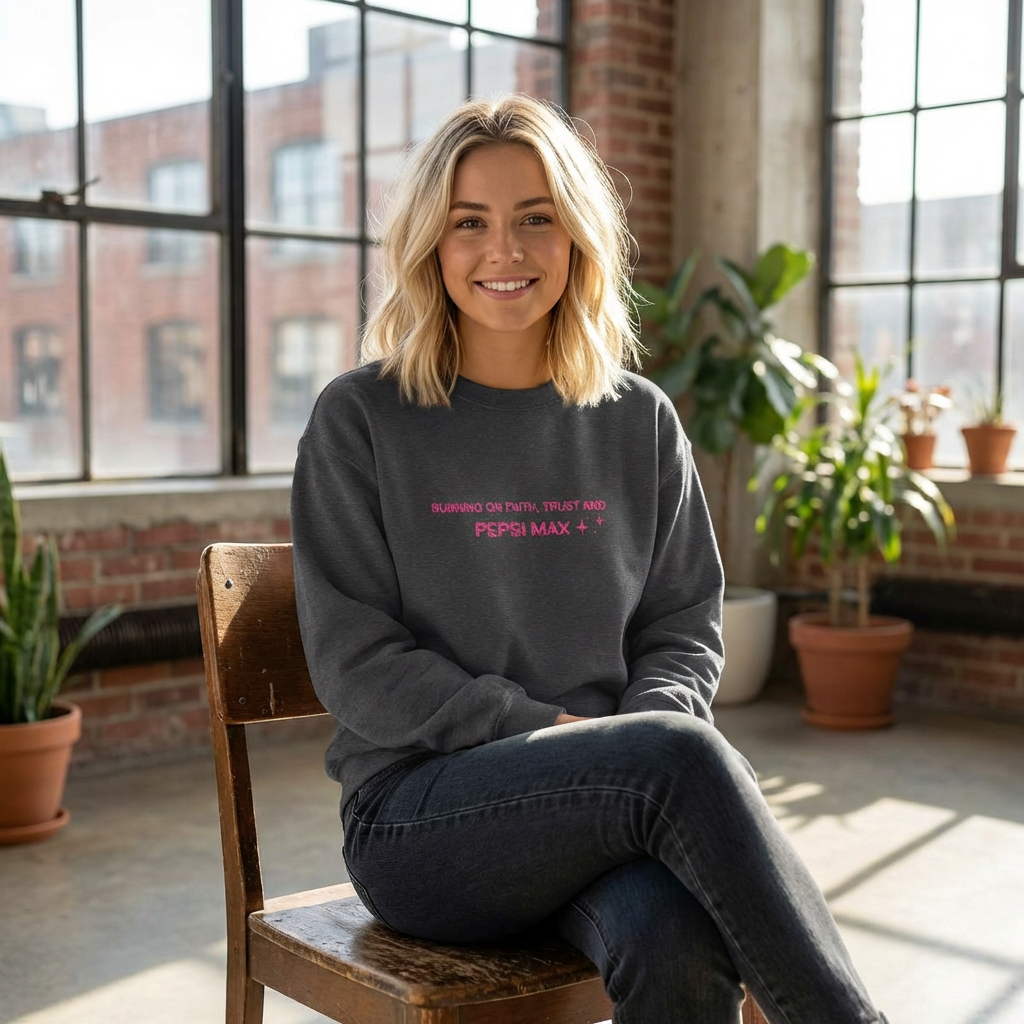 Crewneck Sweatshirt — "Running on Faith, Trust and Pepsi Max" Minimal Graphic - pink thread product thumbnail image