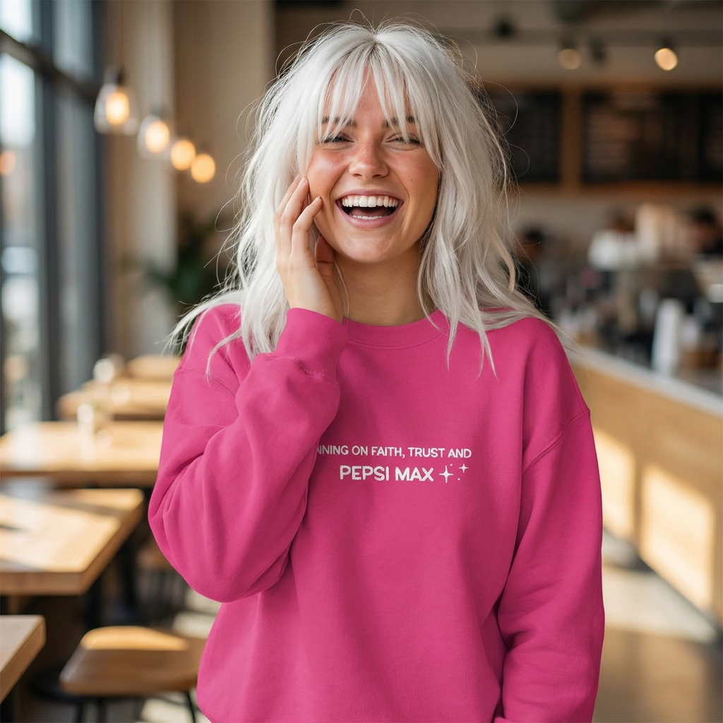 Crewneck Sweatshirt — "Running on Faith, Trust and Pepsi Max" Minimal Graphic - white thread