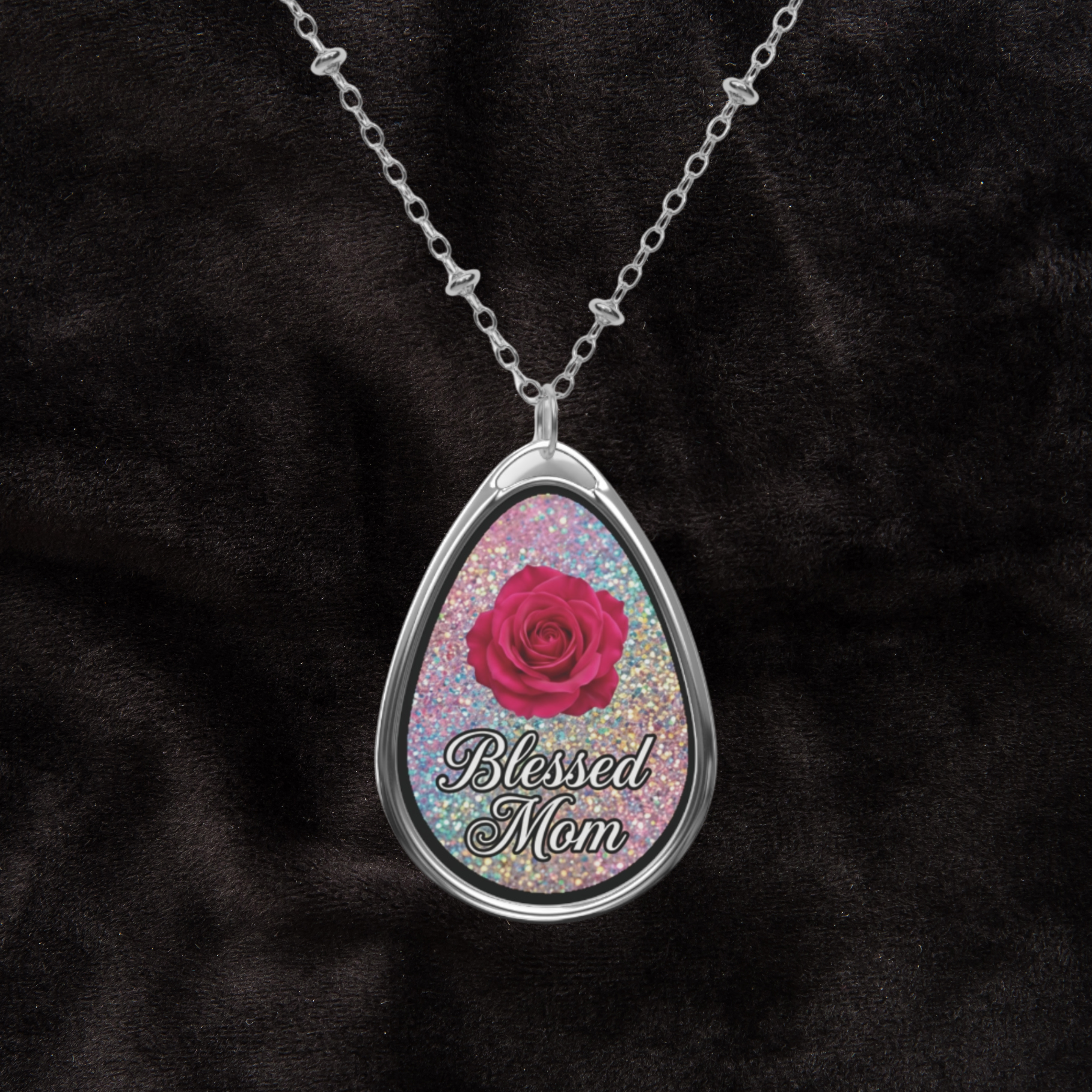 Blessed Mom Oval Necklace — Rose Pendant Mother's Day Jewelry- Iridescent Glitter Look product thumbnail image Blessed Mom Oval Necklace — Rose Pendant Mother's Day Jewelry- Iridescent Glitter Look product thumbnail image