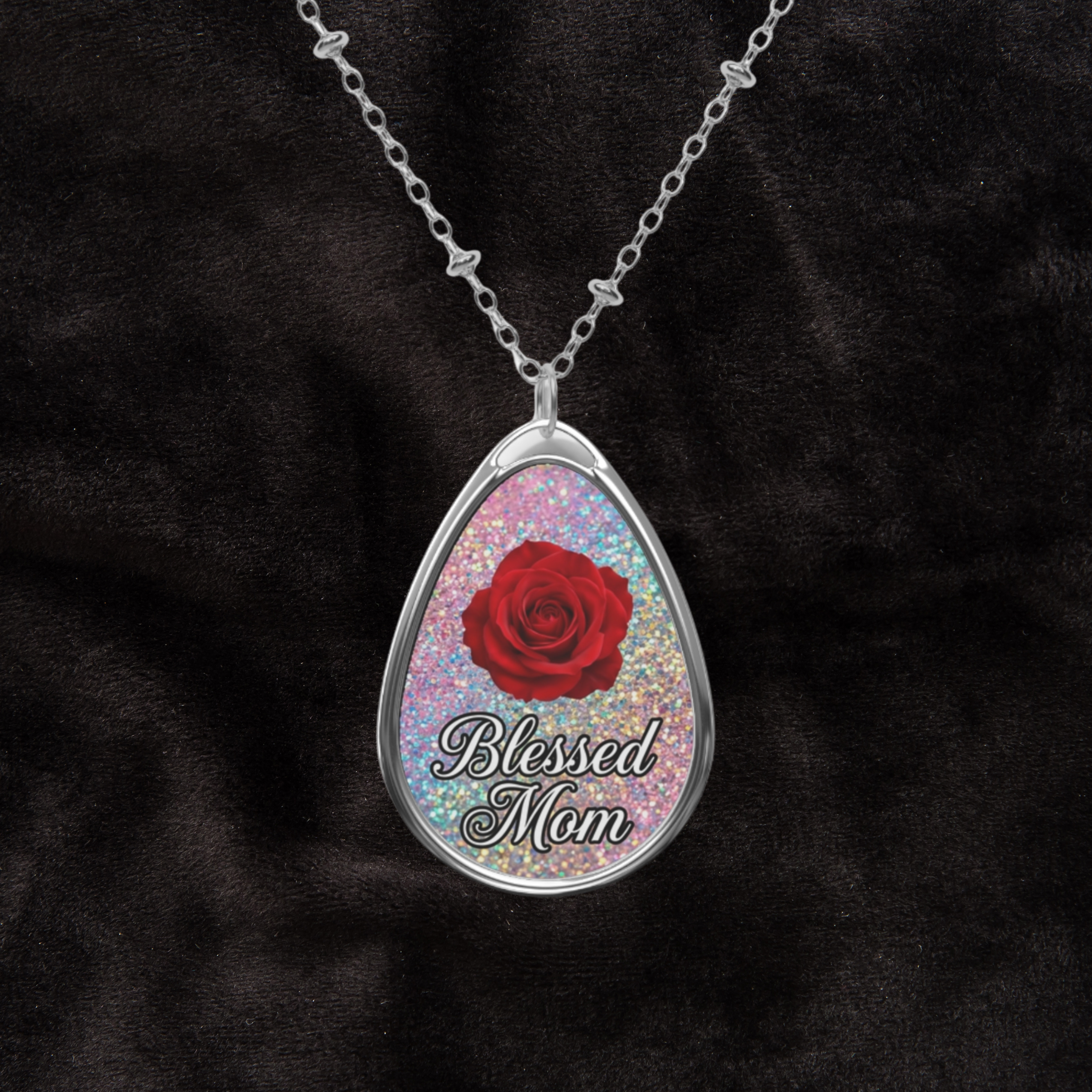 Blessed Mom Oval Necklace — Rose Teardrop Pendant for Mother’s Day- Iridescent Glitter Look product thumbnail image Blessed Mom Oval Necklace — Rose Teardrop Pendant for Mother’s Day- Iridescent Glitter Look product thumbnail image