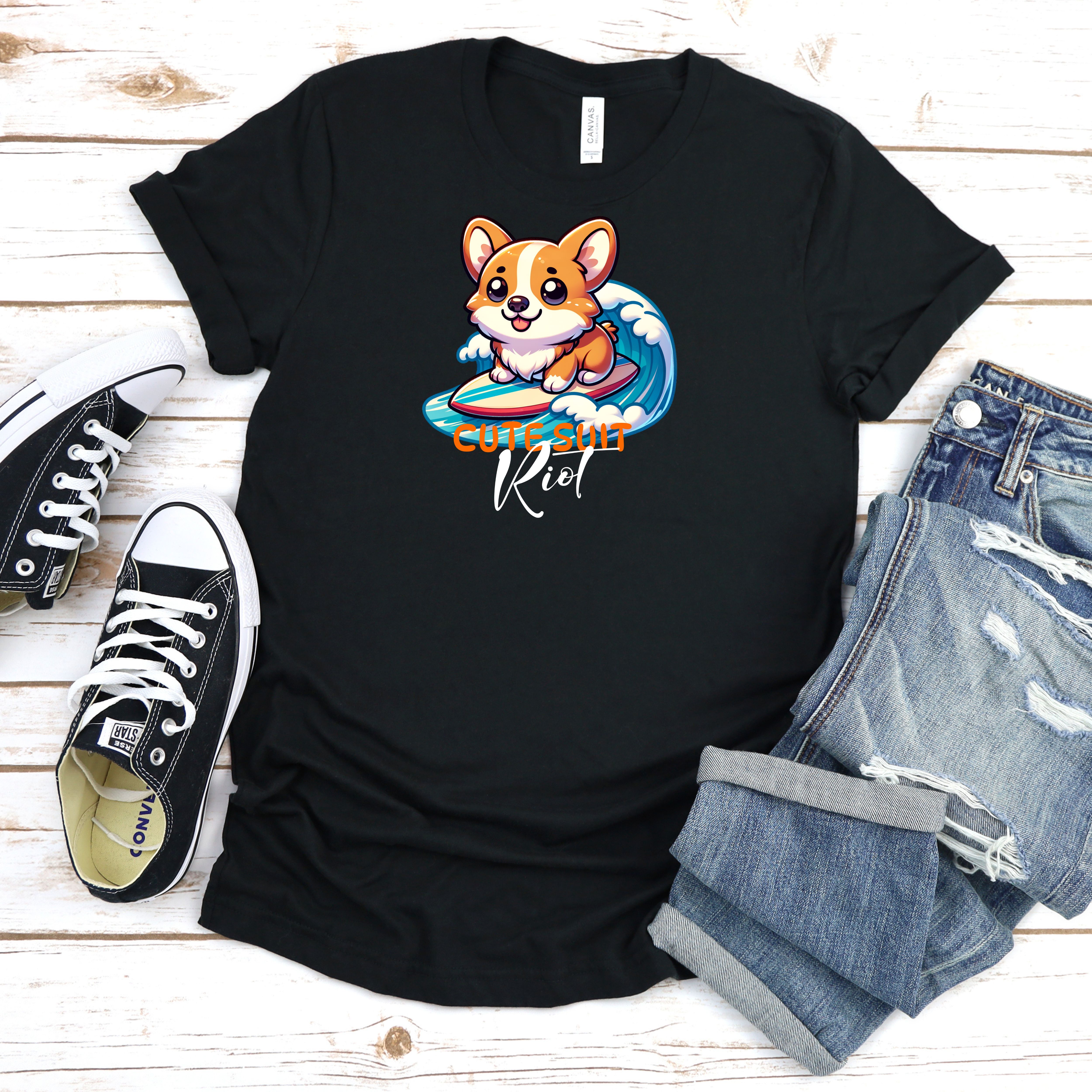 Corgi Surf T-Shirt — Cute 'Suit Riot' Surfing Dog Graphic Tee product thumbnail image