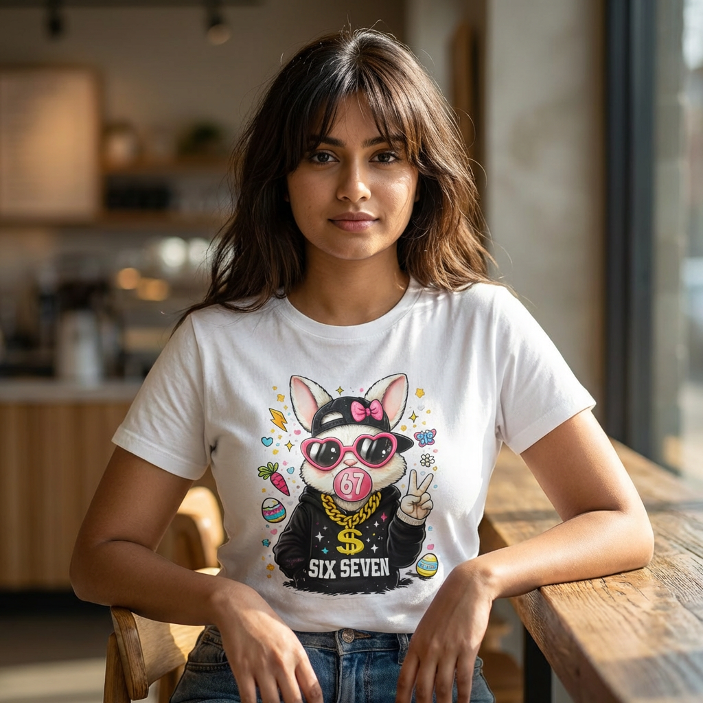 Bunny Rapper Graphic Tee — "Six Seven" Cute Easter Bunny Shirt product thumbnail image